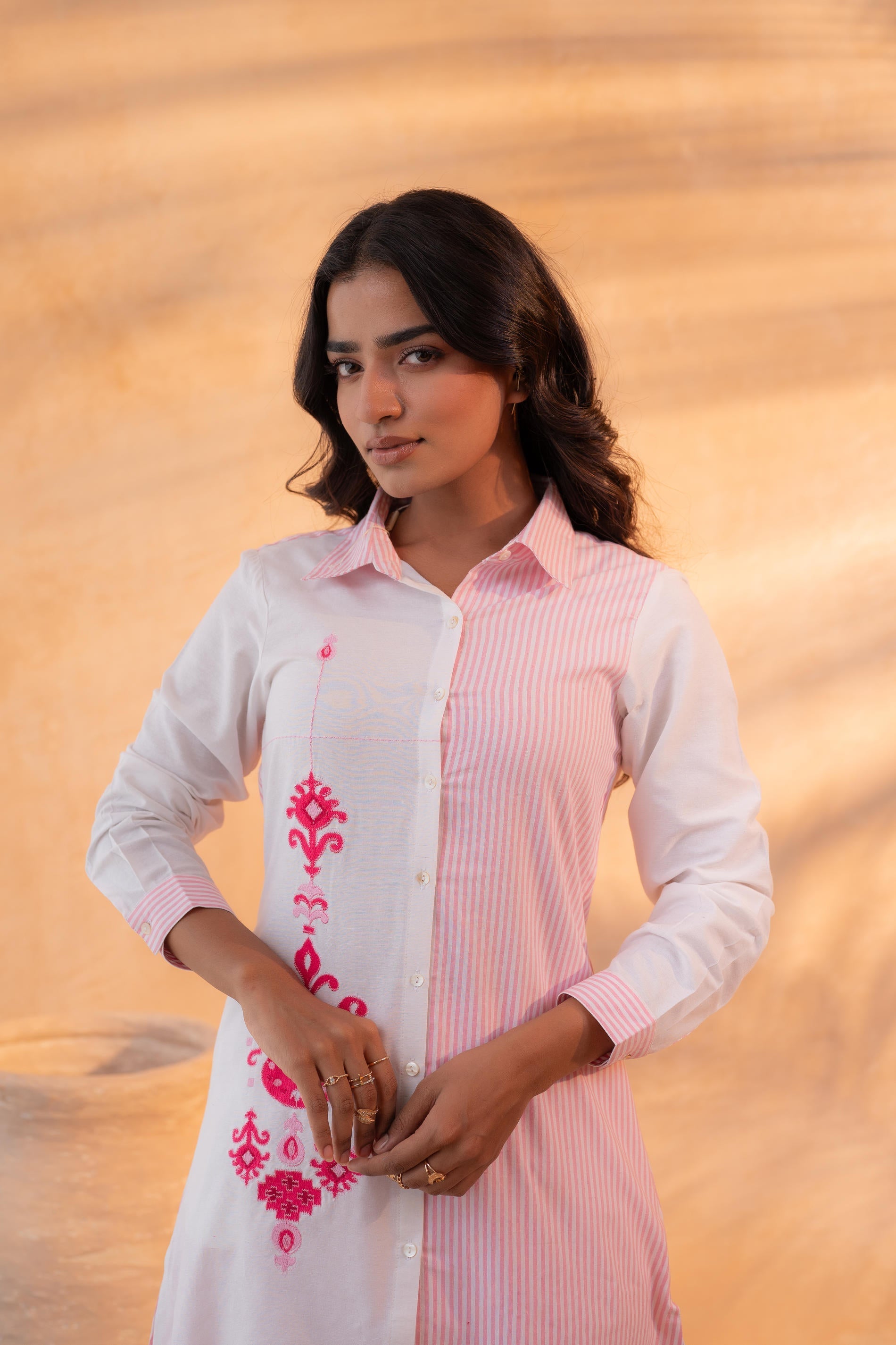 Juniper Pink & White Divide Embroidered Panel Kurta Set