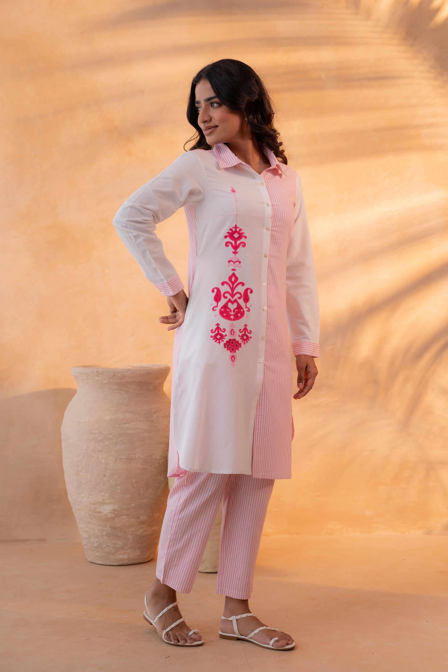 Juniper Pink & White Divide Embroidered Panel Kurta Set