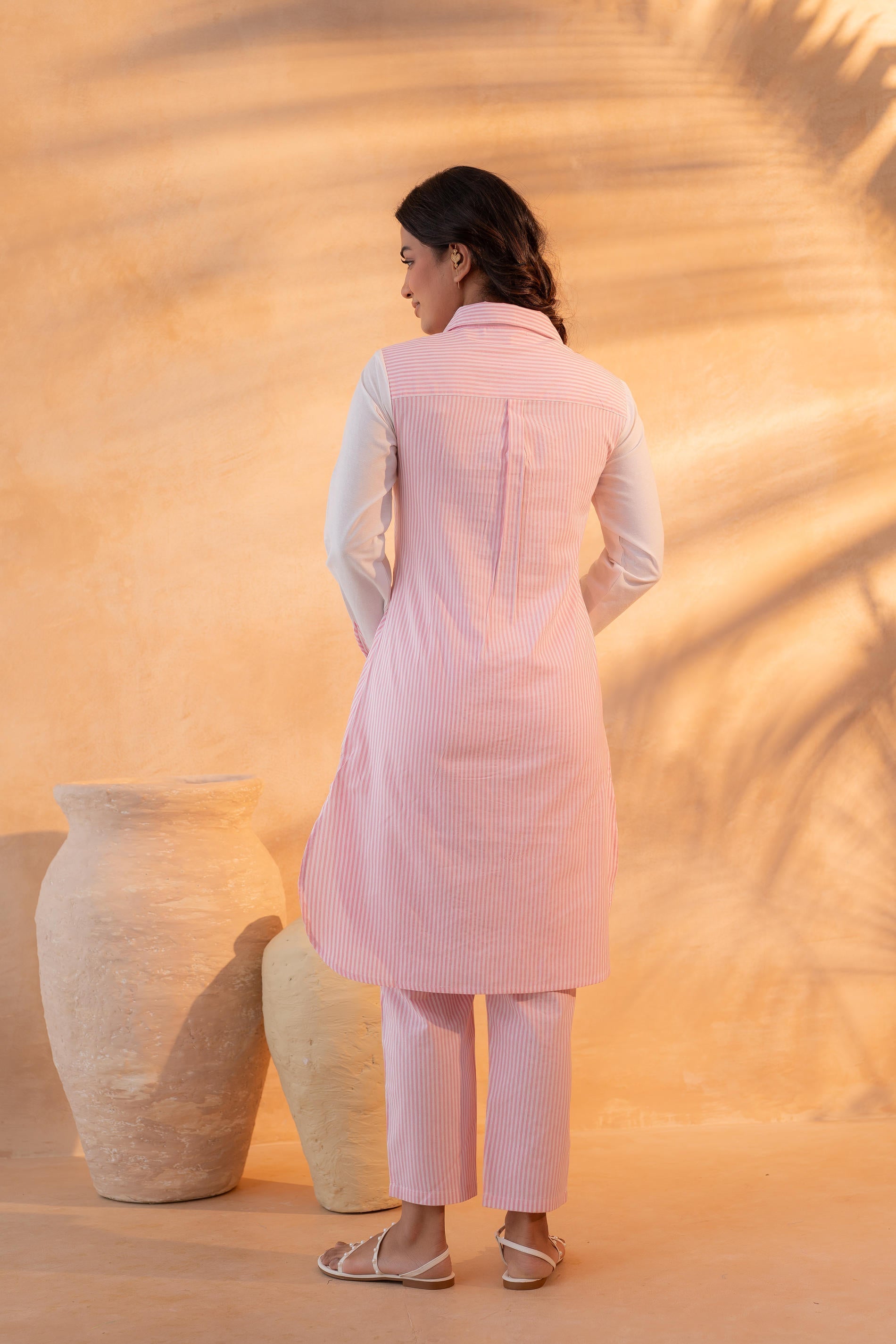 Juniper Pink & White Divide Embroidered Panel Kurta Set