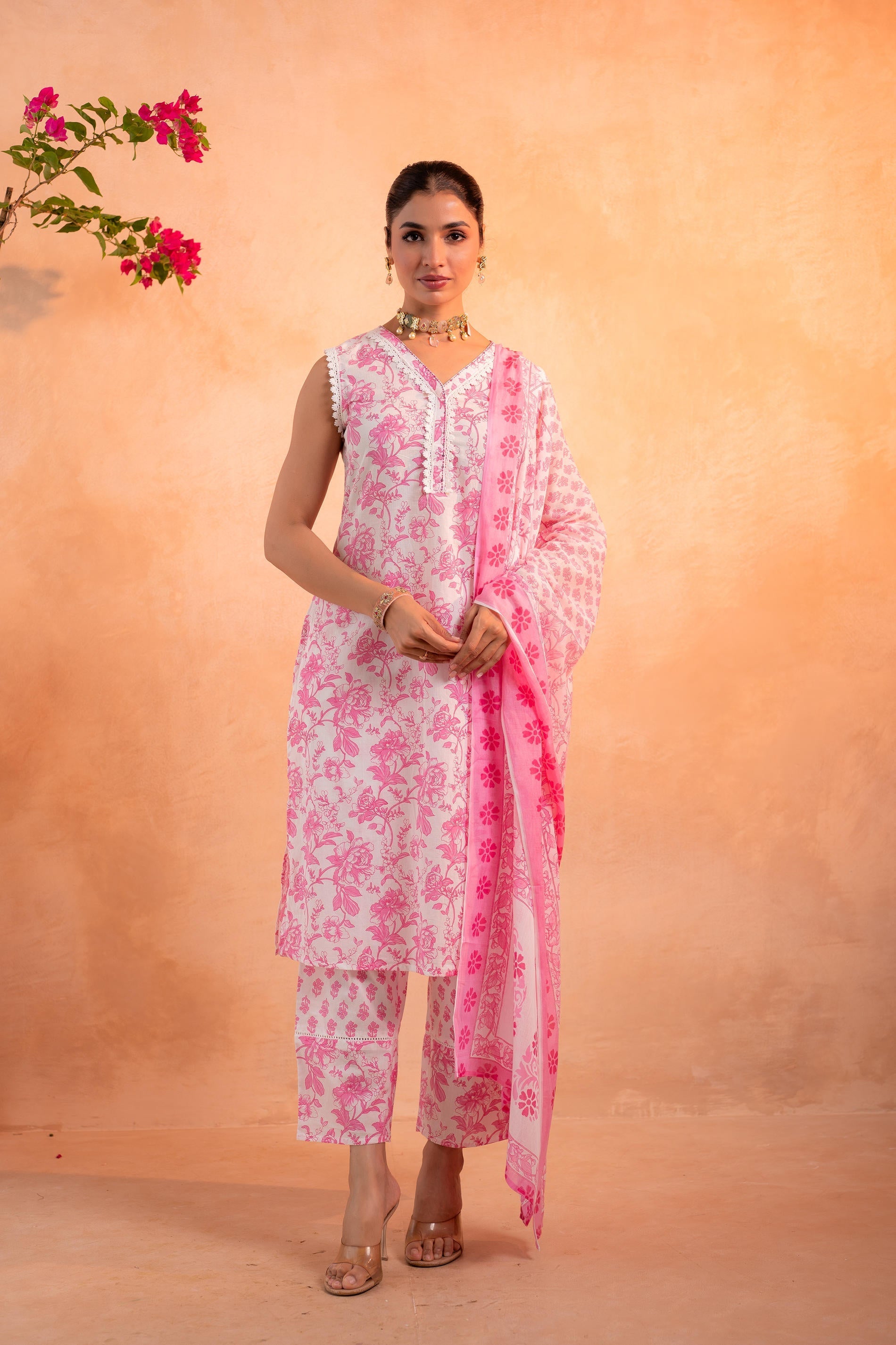 Juniper Pink Whisper Floral Kurta Pant And Dupatta Set