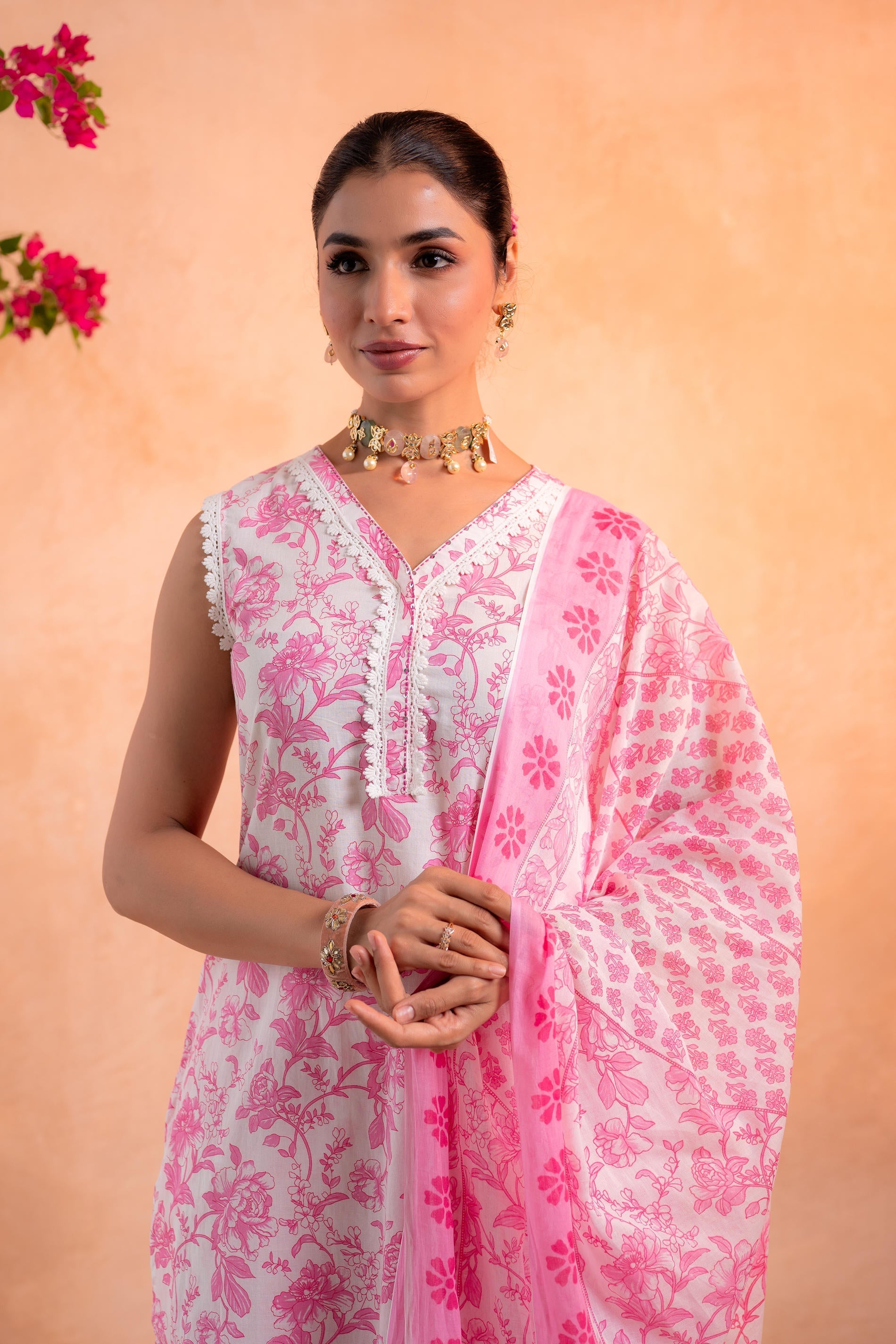 Juniper Pink Whisper Floral Kurta Pant And Dupatta Set