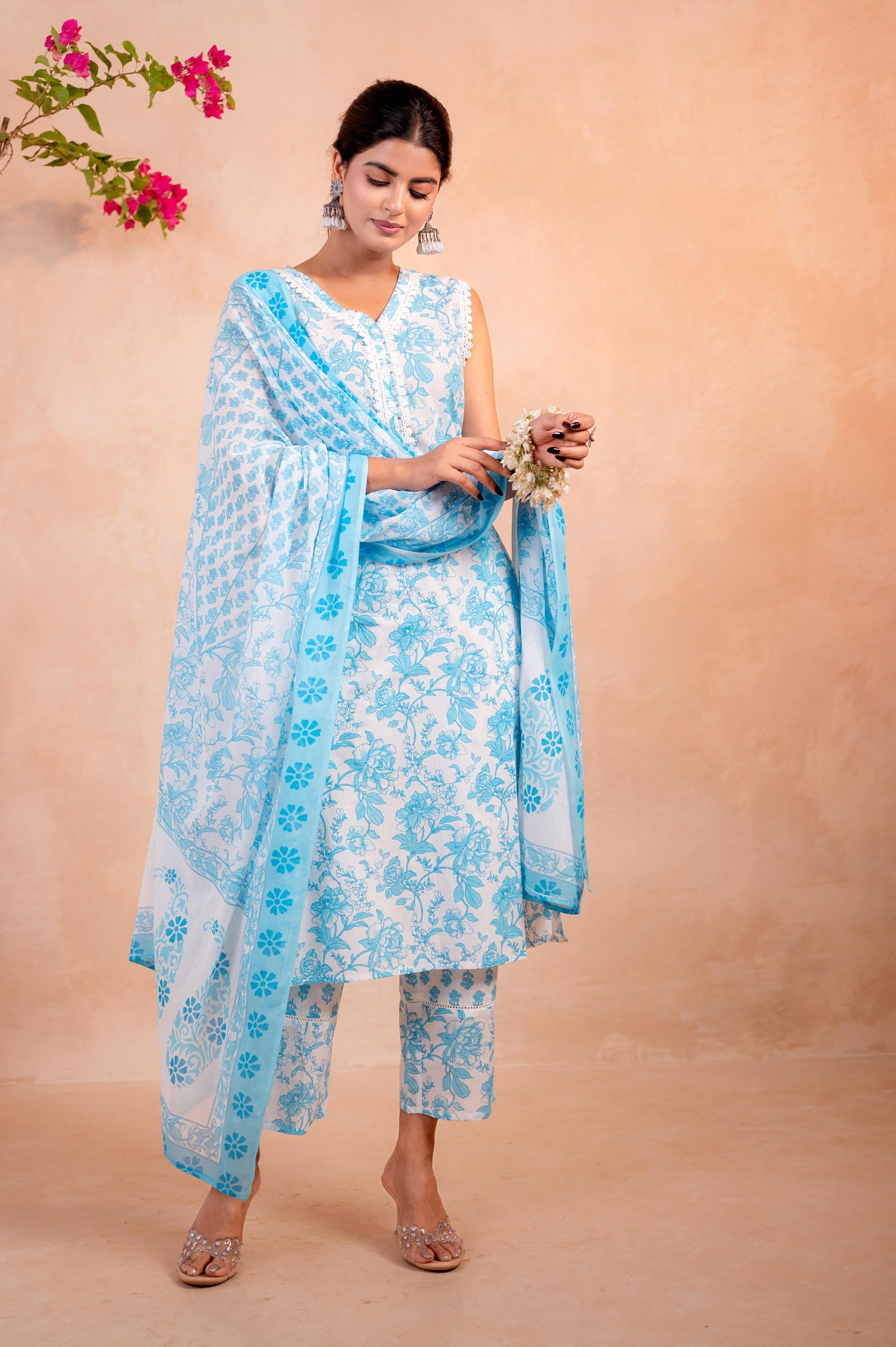 Juniper Sky Blue Whisper Floral Kurta Pant And Dupatta Set