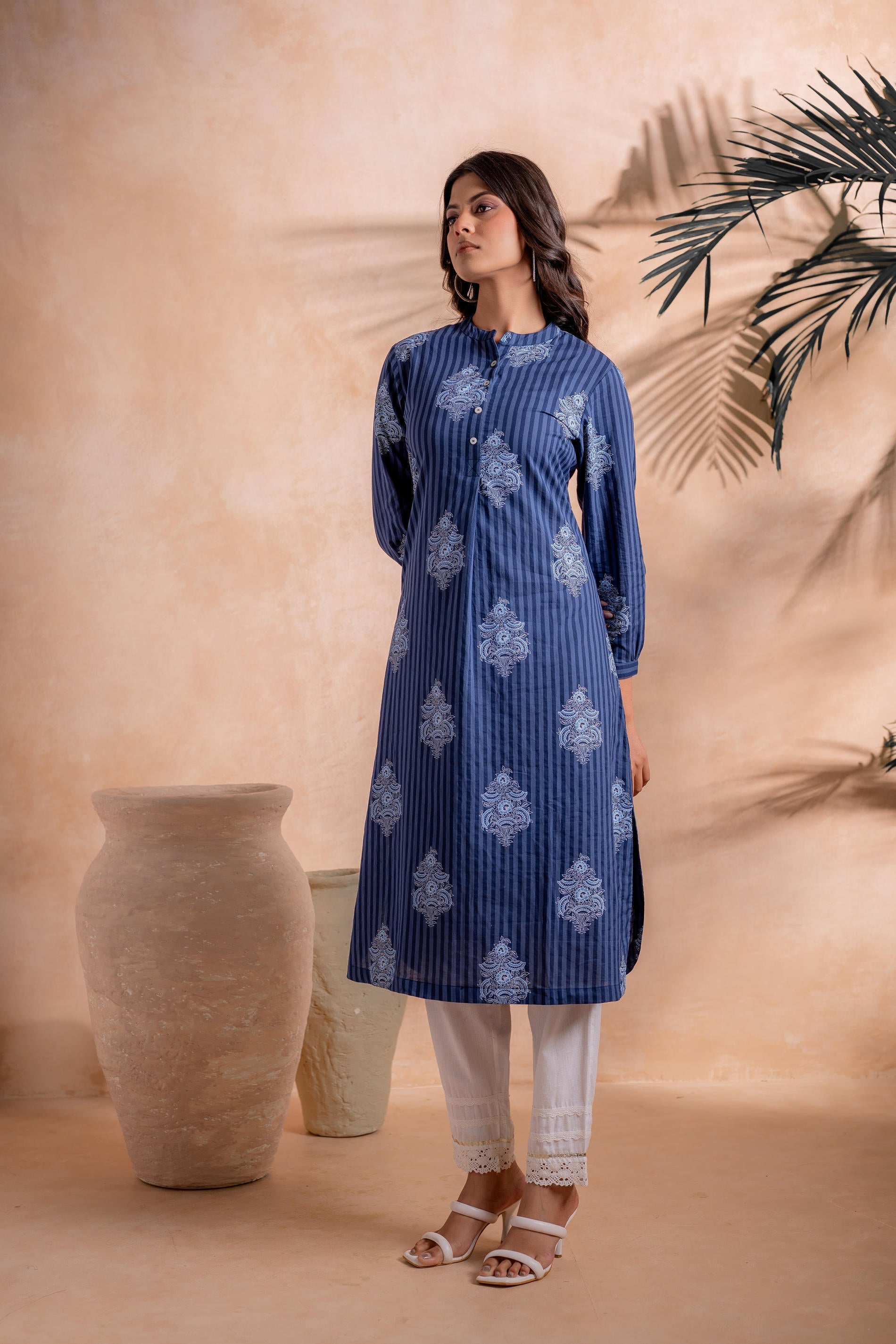 Juniper Indigo Stripe Motif Heritage Kurta