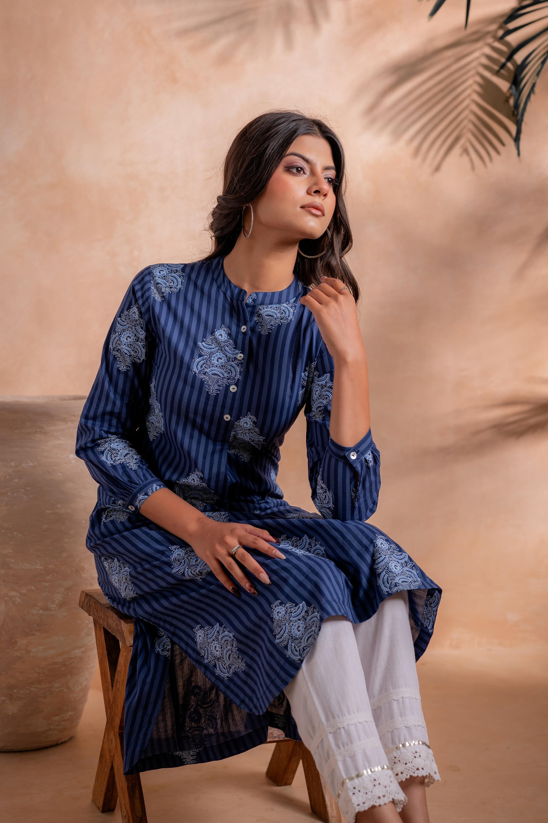 Juniper Indigo Stripe Motif Heritage Kurta