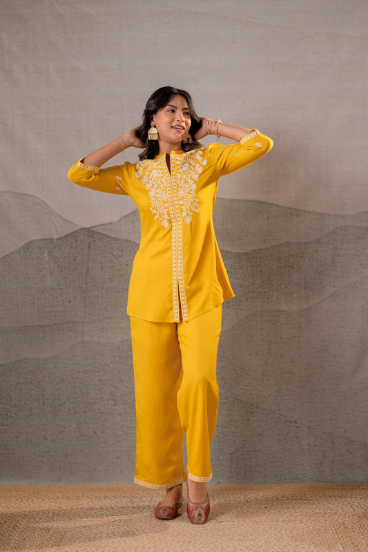 Juniper Sunlit Bloom Mustard Embroidered Co-Ord Set
