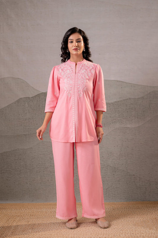 Juniper Peach Bloom Embroidered Co-Ord Set