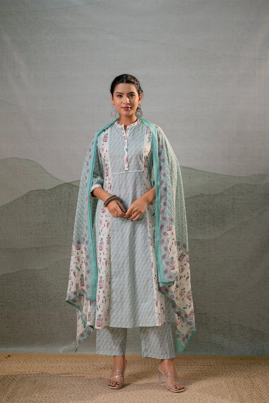 Juniper Mint Garden Harmony Kurta Pant And Dupatta Set