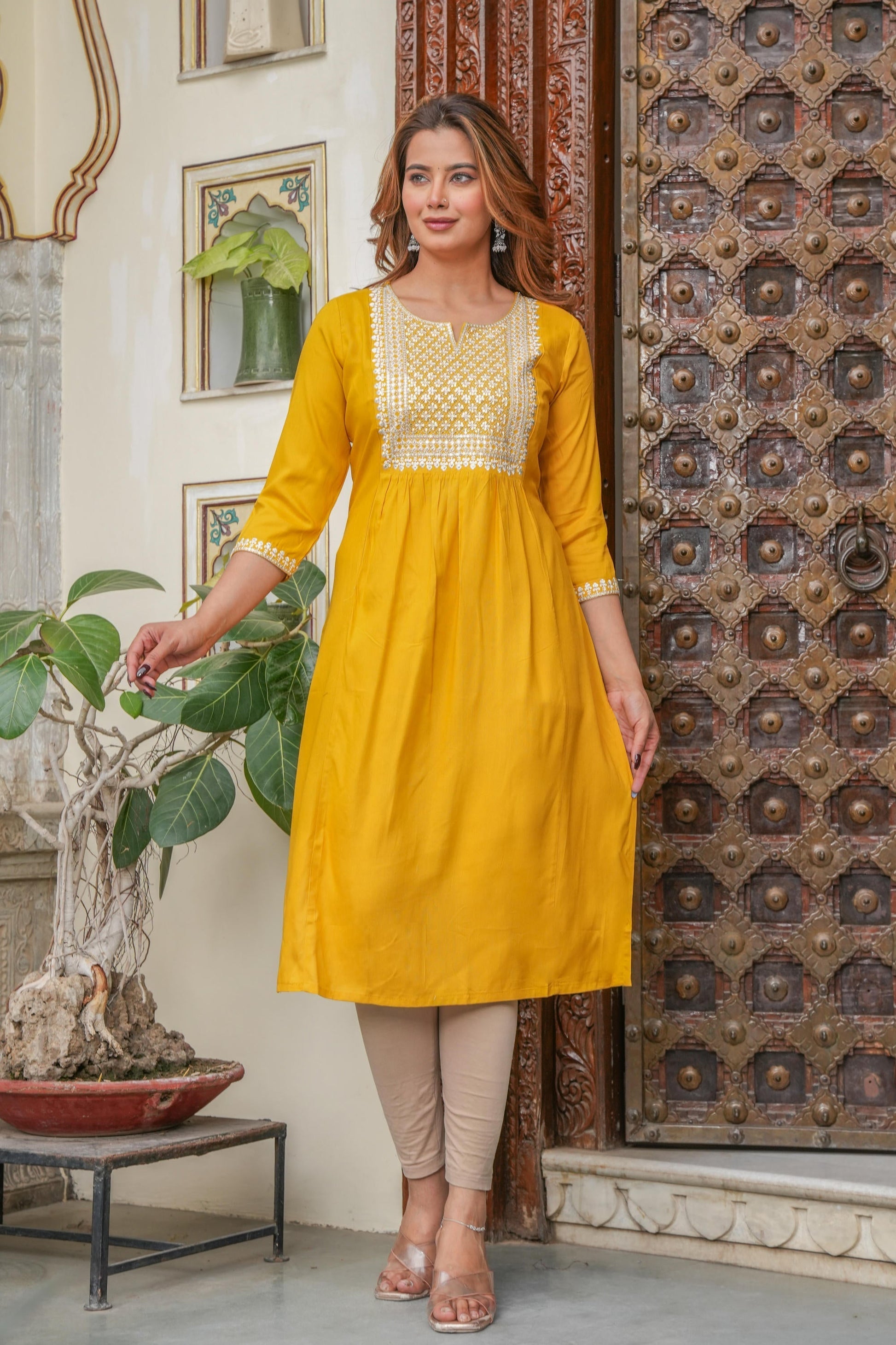Juniper Mustard Viscose Embroidered Kurta With Thread Work And Sequins | Grab2Buy