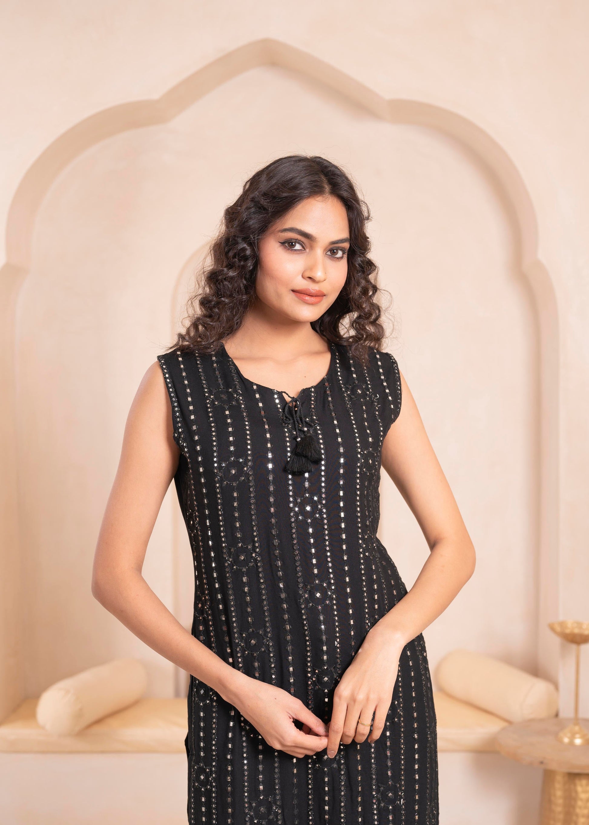 Juniper Black Geometric Embroidered Viscose Kurta with Mirror & Thread Work
