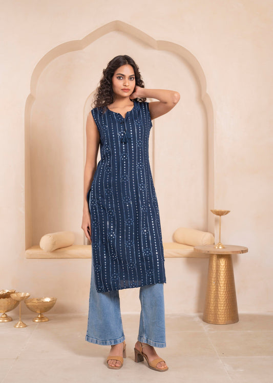 Juniper Navy Geometric Embroidered Viscose Kurta With Mirror Work And Tassels | Grab2Buy