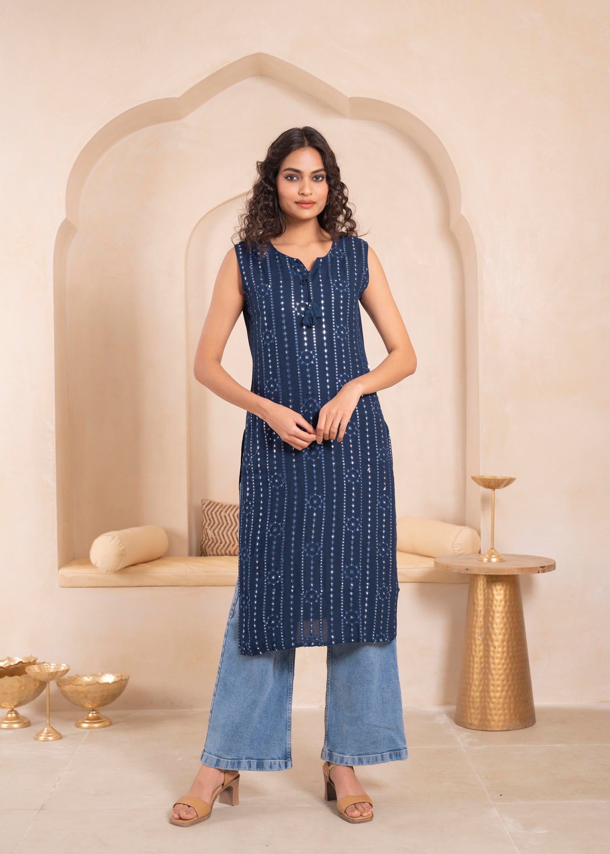 Juniper Navy Geometric Embroidered Viscose Kurta with Mirror Work and Tassels