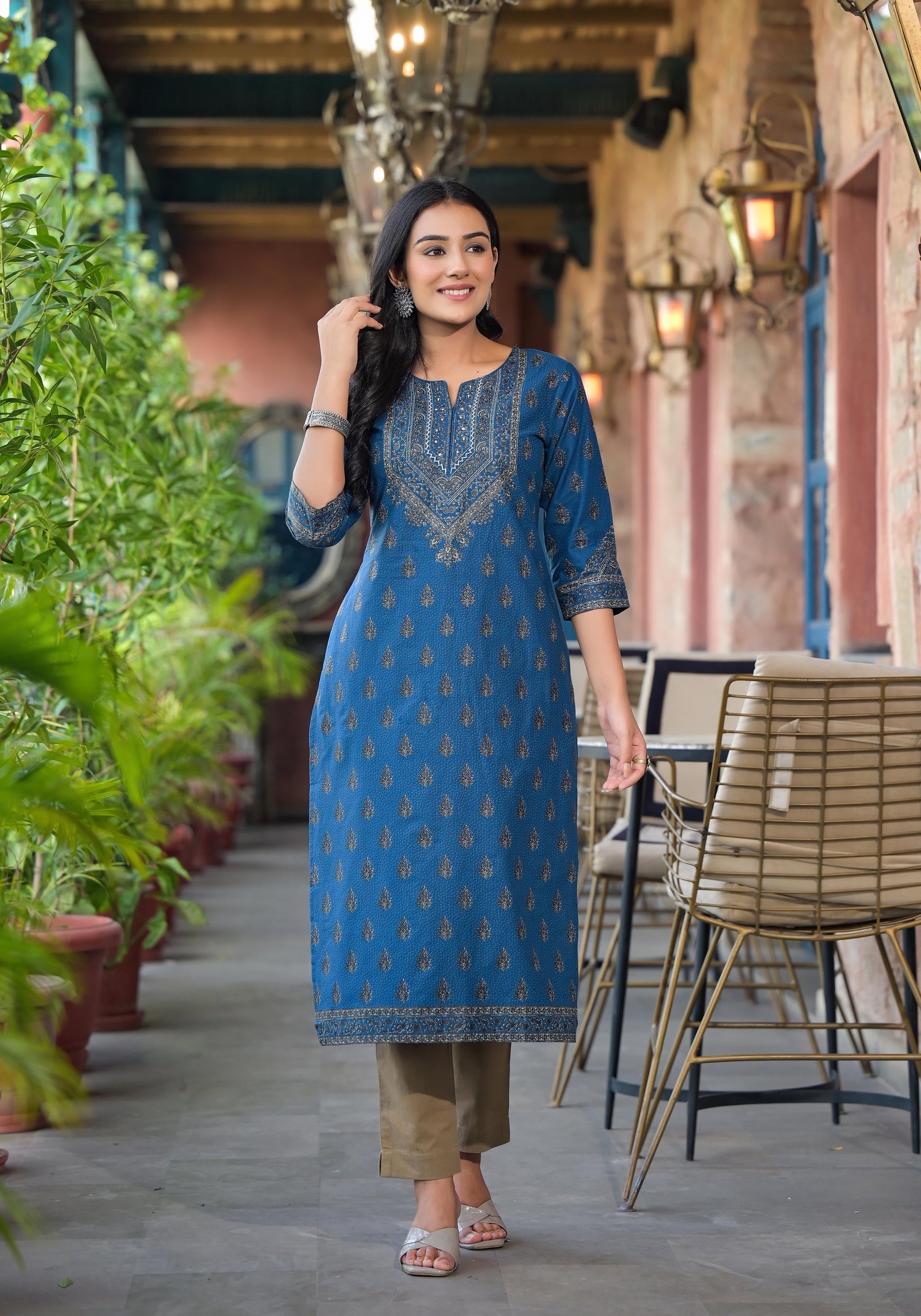Juniper Women's Blue Ethnic Motif Printed Cotton Kurta | Grab2Buy
