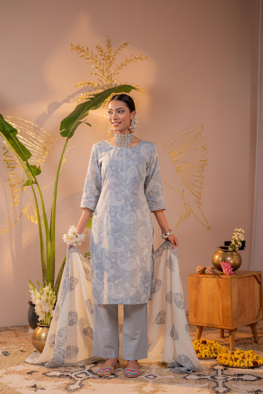 Juniper Powder Grey Paisley Grace Kurta Pant And Dupatta Set