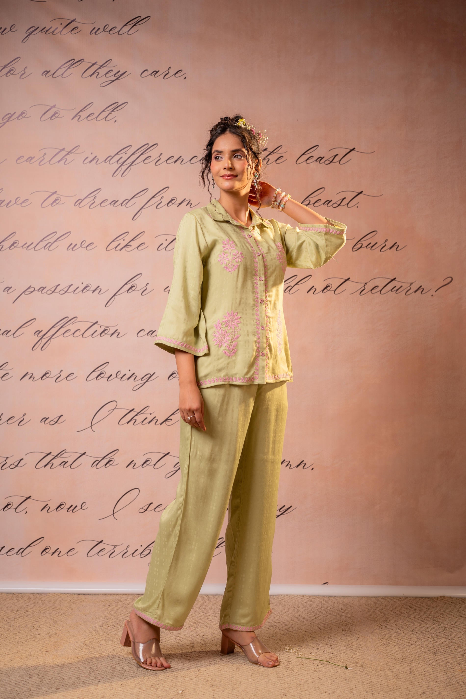 Juniper Noir Flora Mint & Pink Embroidered Co-Ord Set