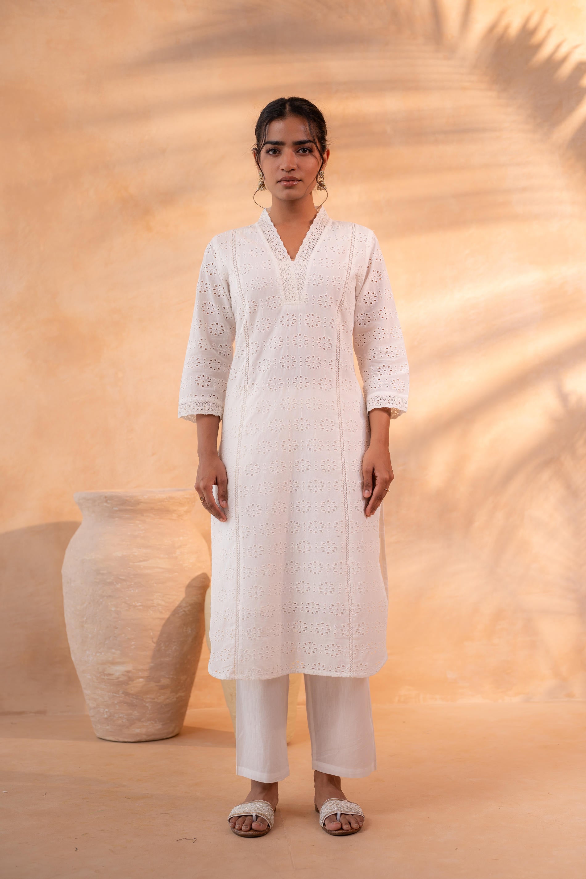 Juniper Off-White Schiffli Kurta And Pant Set