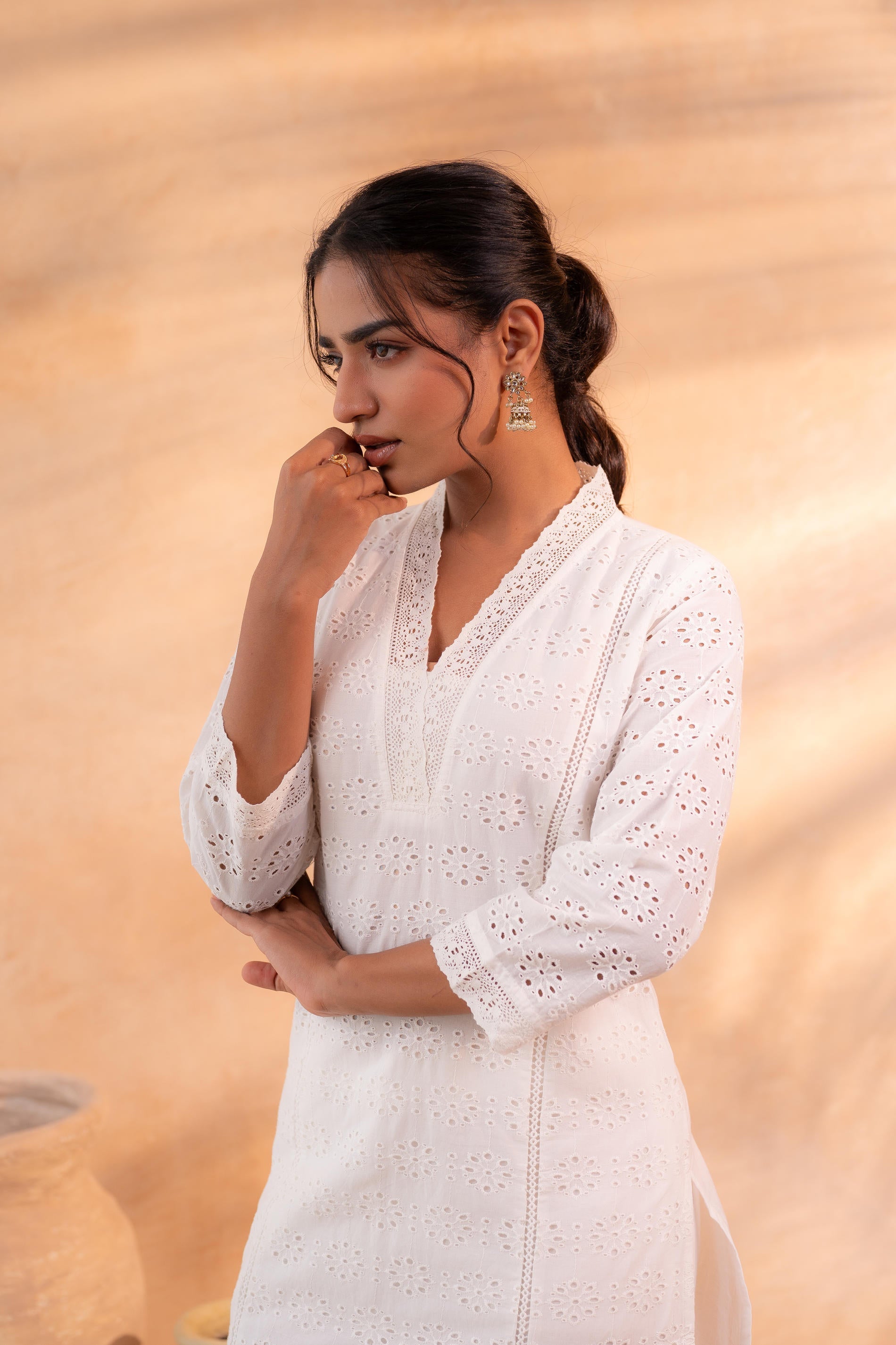 Juniper Off-White Schiffli Kurta And Pant Set