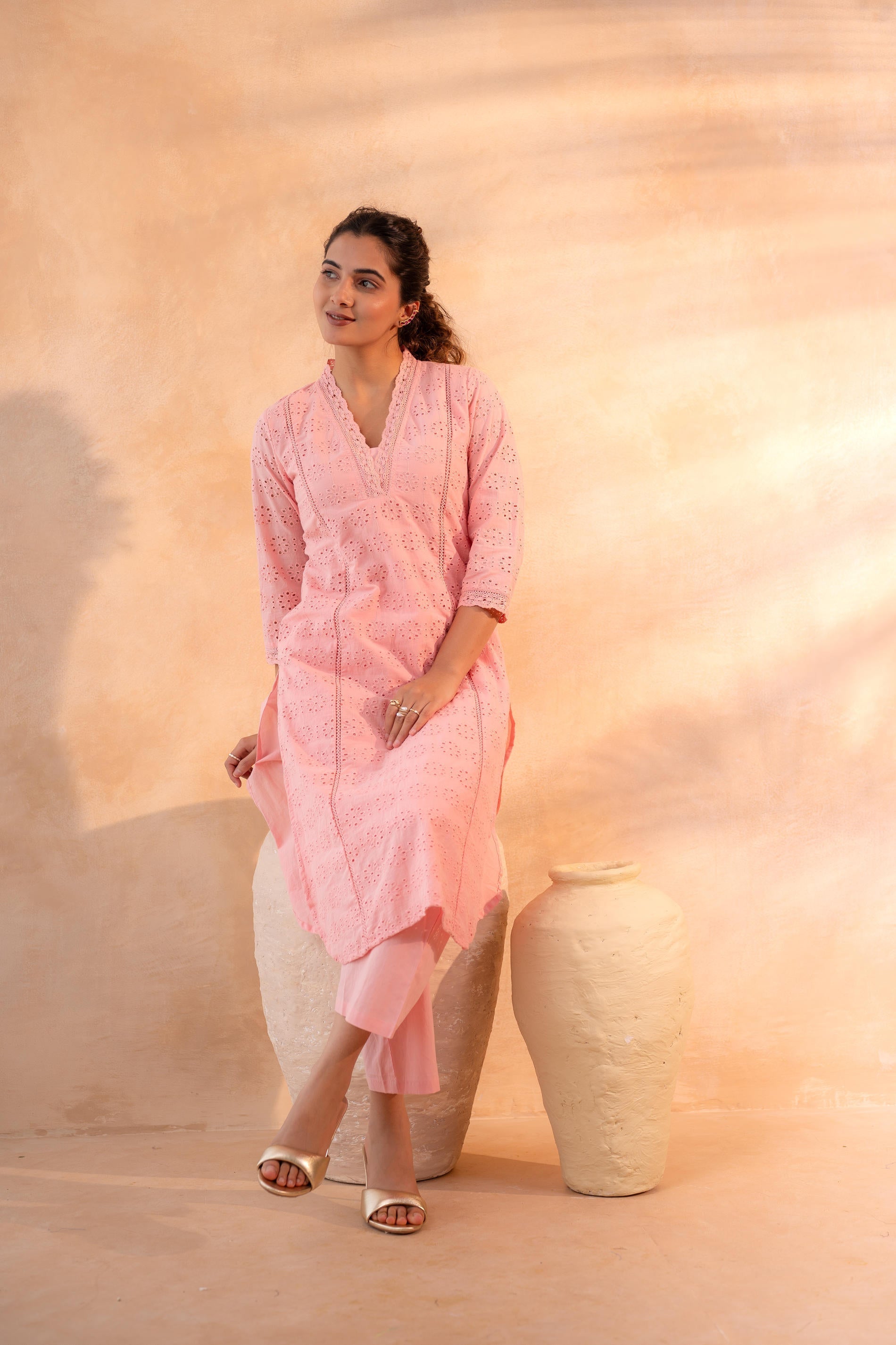 Juniper Peach Schiffli Kurta And Pant Set