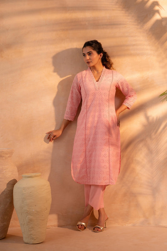 Juniper Peach Schiffli Kurta And Pant Set