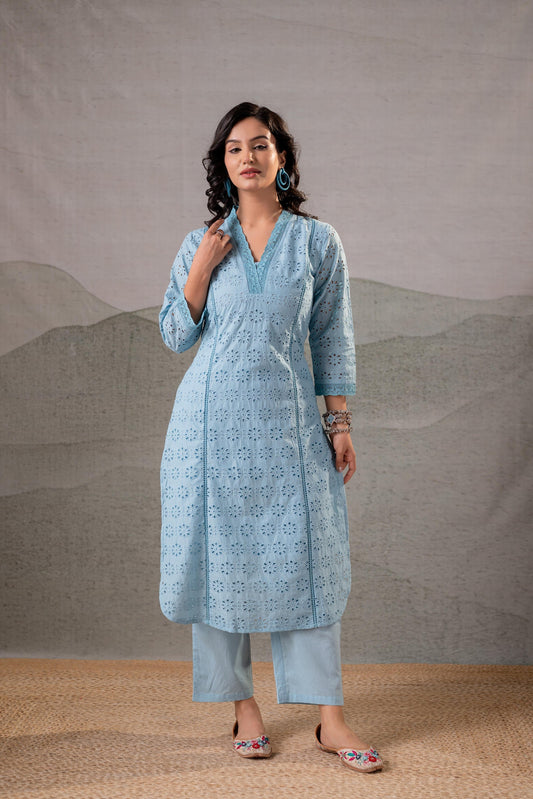 Juniper Sky Blue Schiffli Kurta And Pant Set