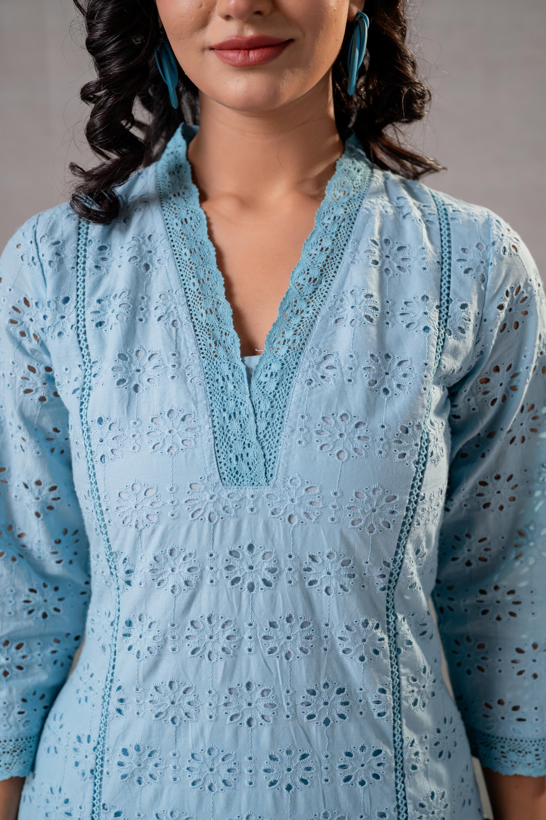 Juniper Sky Blue Schiffli Kurta And Pant Set