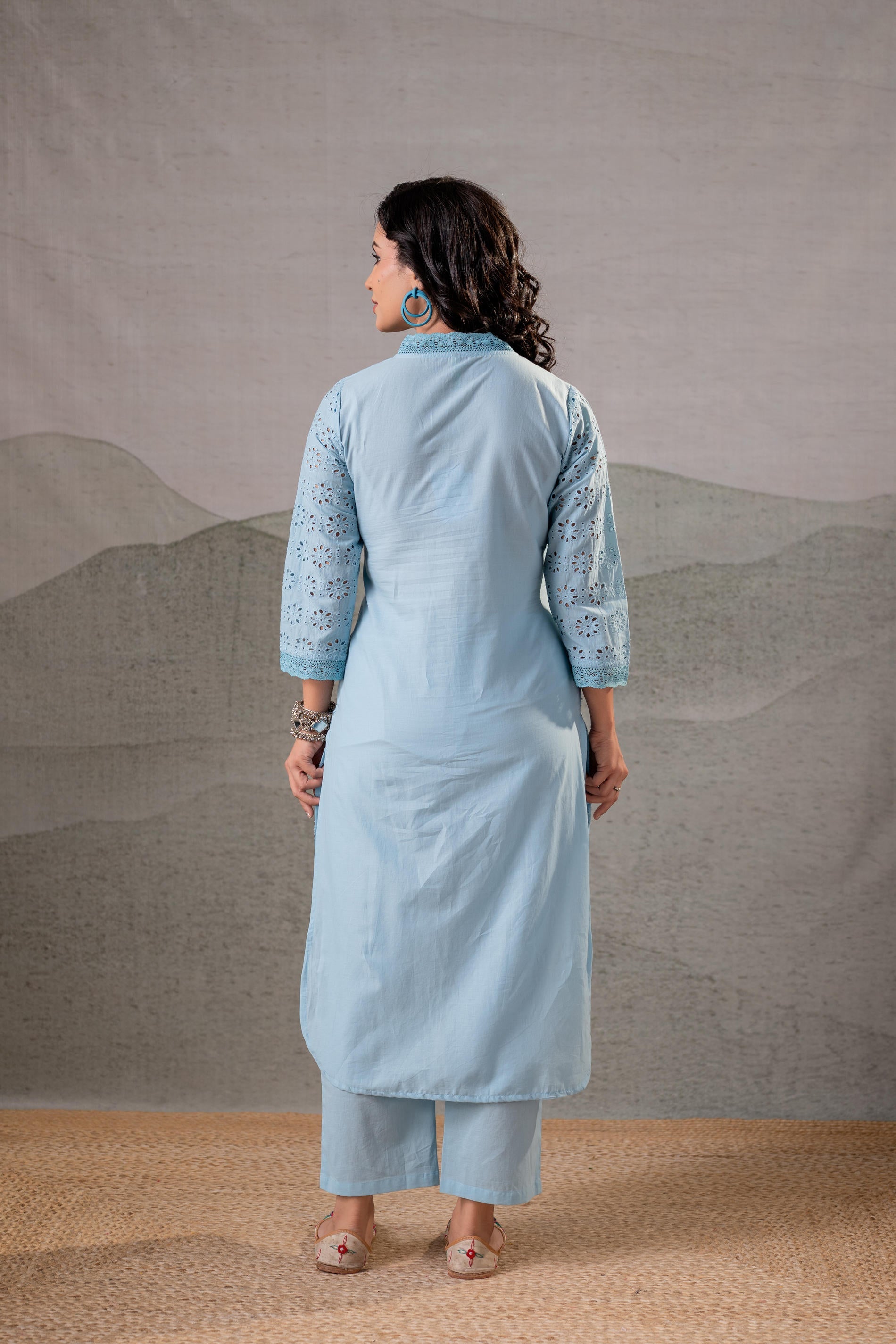 Juniper Sky Blue Schiffli Kurta And Pant Set