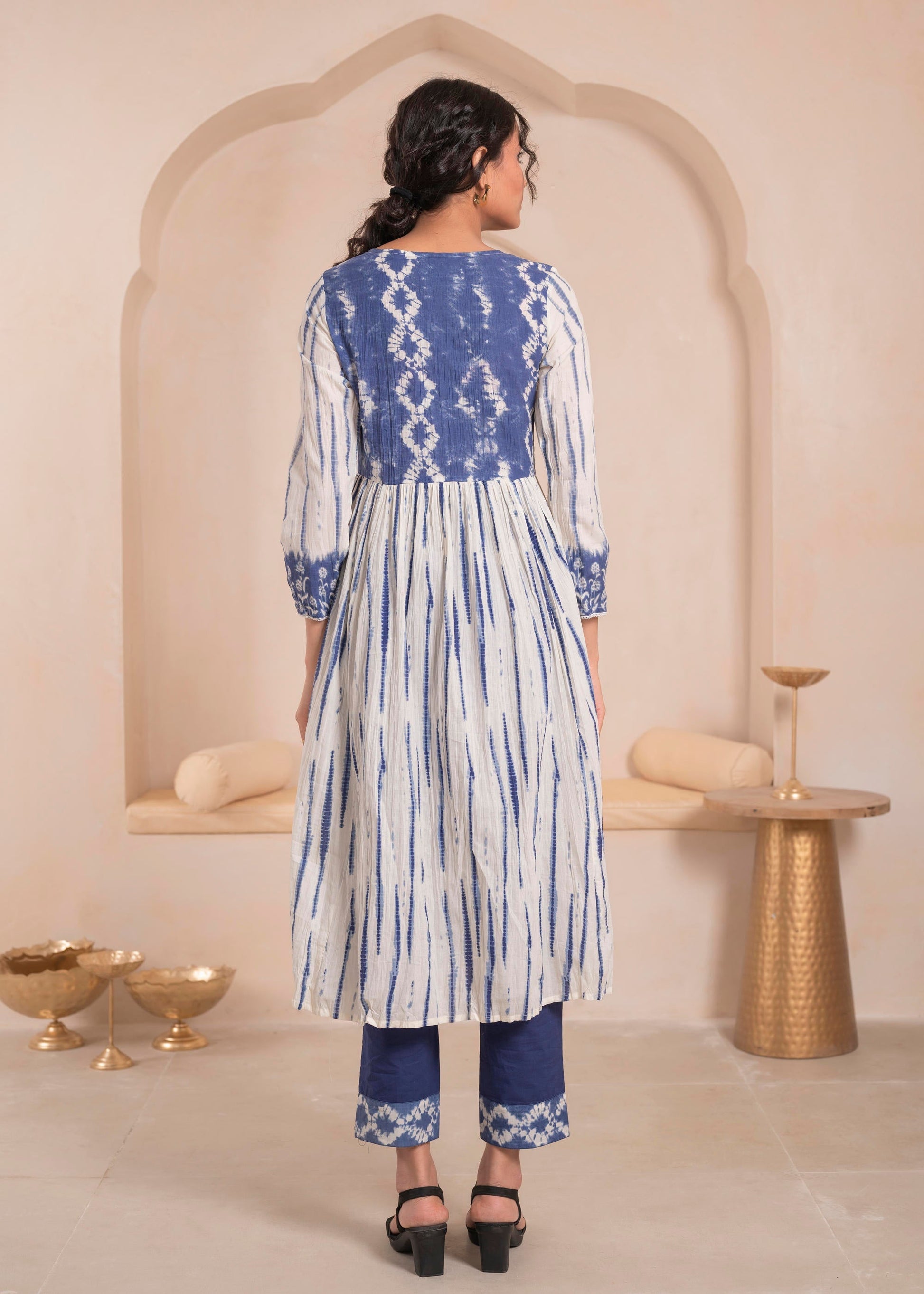 Juniper Navy blue and white kurta , solid bottom and tie -dye dupatta with cotton lace , buttons , sequince