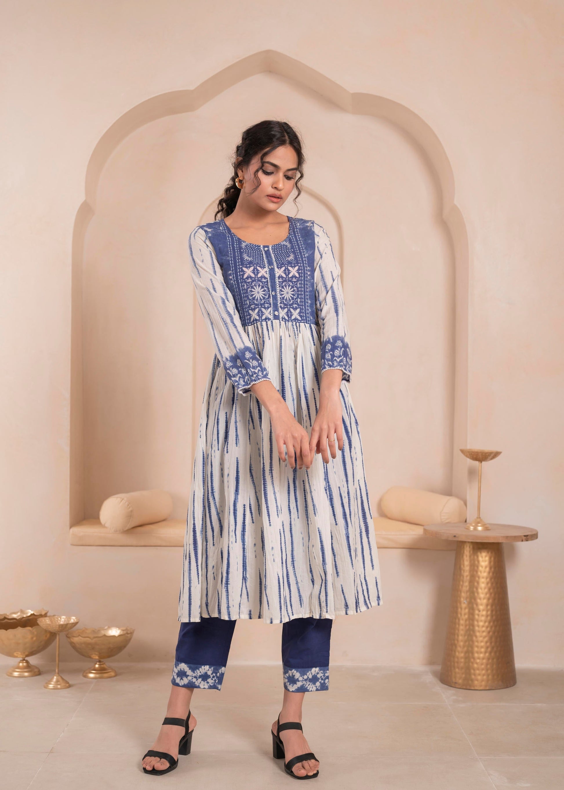 Juniper Navy blue and white kurta , solid bottom and tie -dye dupatta with cotton lace , buttons , sequince