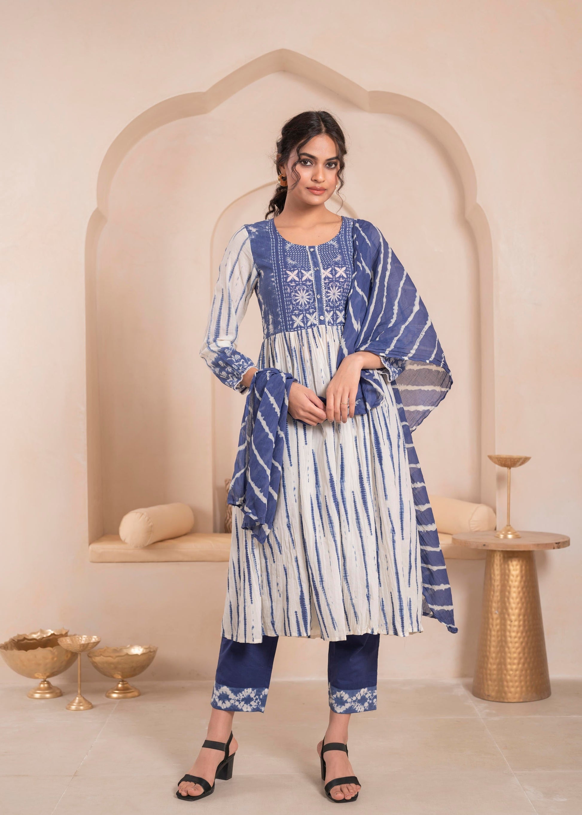 Juniper Navy blue and white kurta , solid bottom and tie -dye dupatta with cotton lace , buttons , sequince