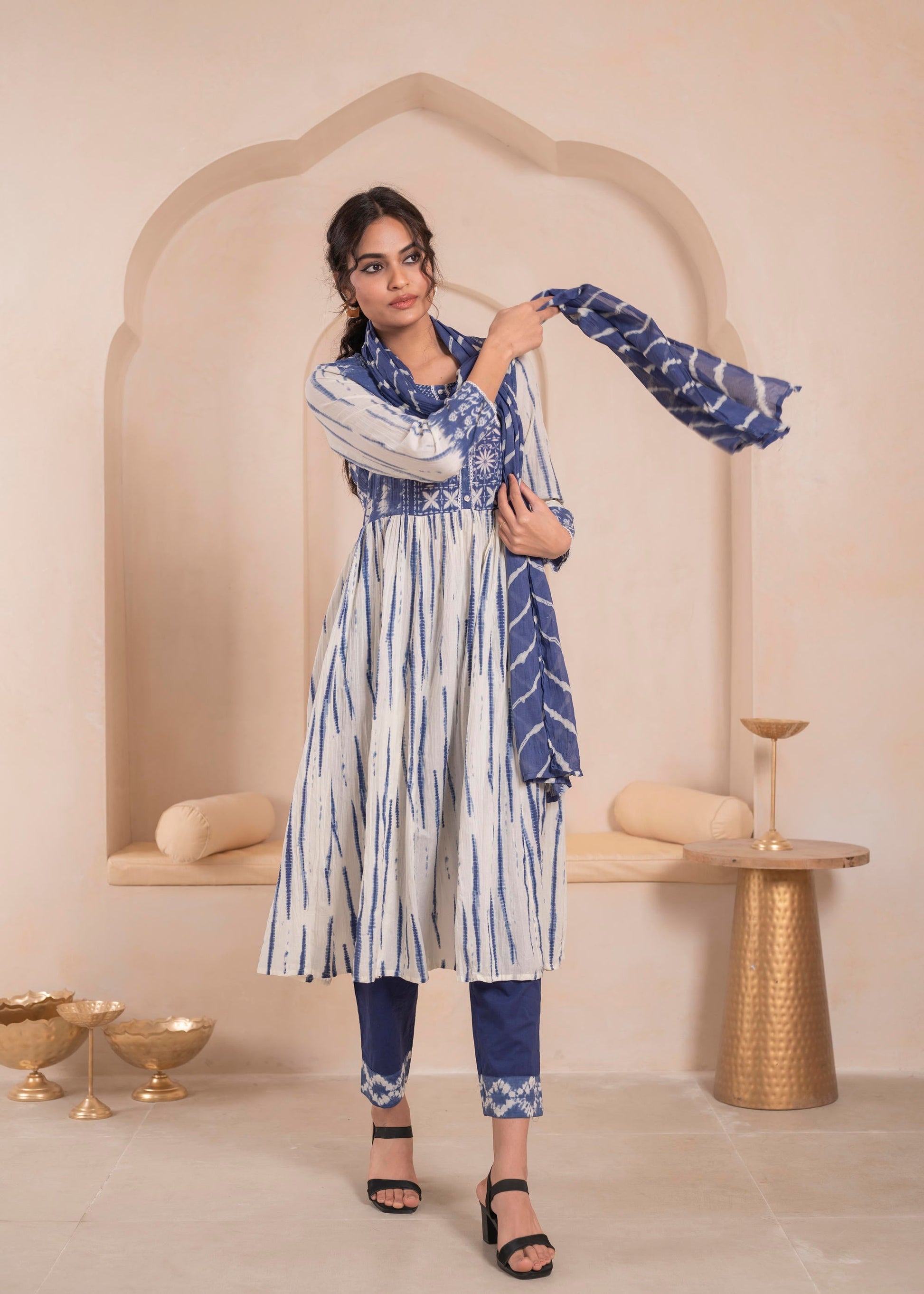 Juniper Navy blue and white kurta , solid bottom and tie -dye dupatta with cotton lace , buttons , sequince