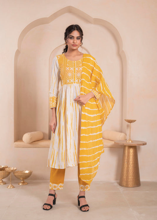 Juniper Mustered and white kurta , solid bottom and tie - dye dupatta with cotton lace , buttons , sequence