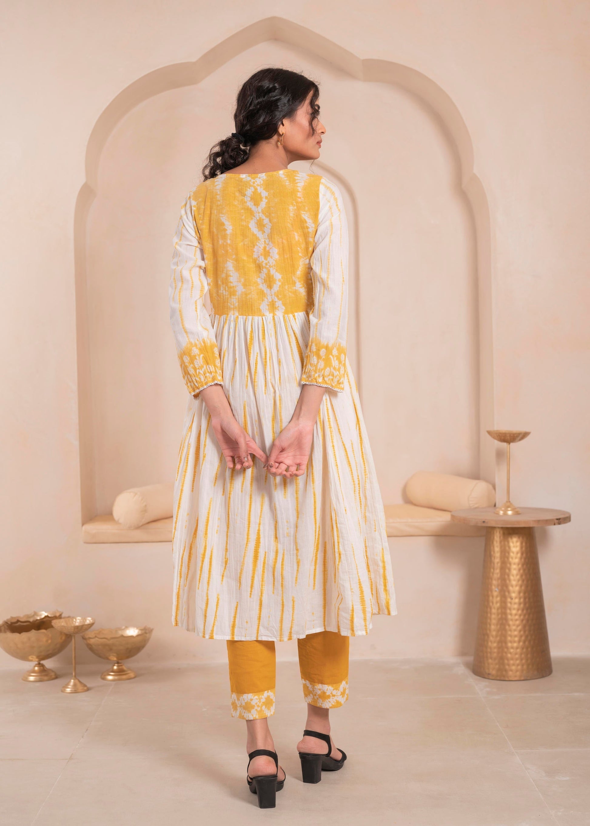Juniper Mustered and white kurta , solid bottom and tie - dye dupatta with cotton lace , buttons , sequence