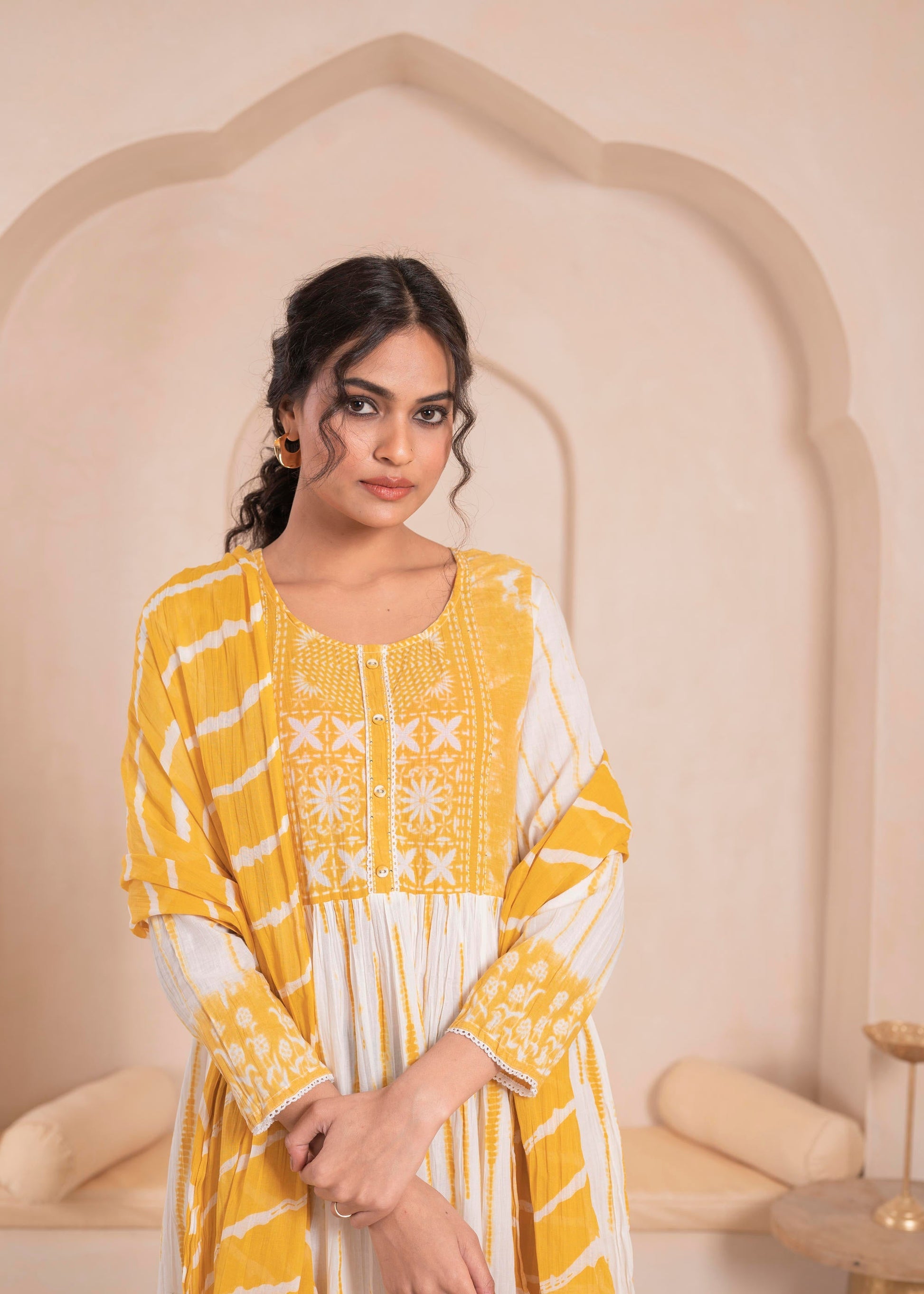 Juniper Mustered and white kurta , solid bottom and tie - dye dupatta with cotton lace , buttons , sequence