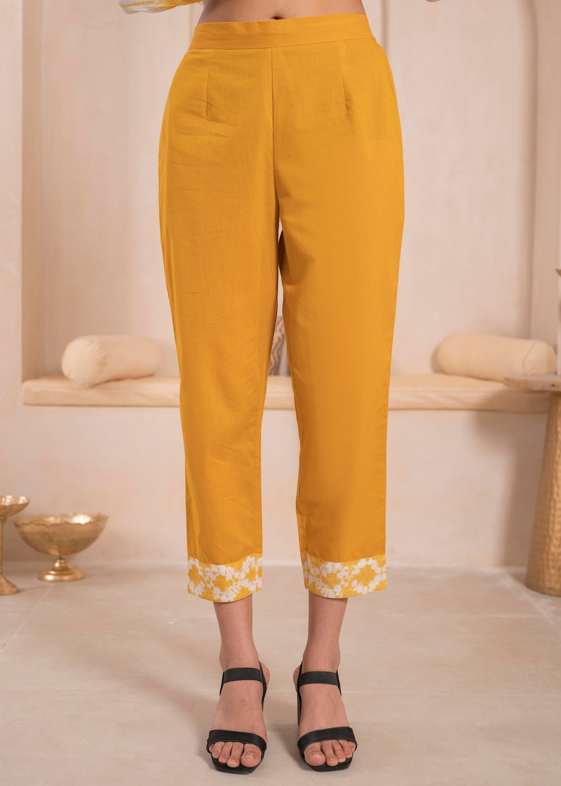 Juniper Mustered and white kurta , solid bottom and tie - dye dupatta with cotton lace , buttons , sequence