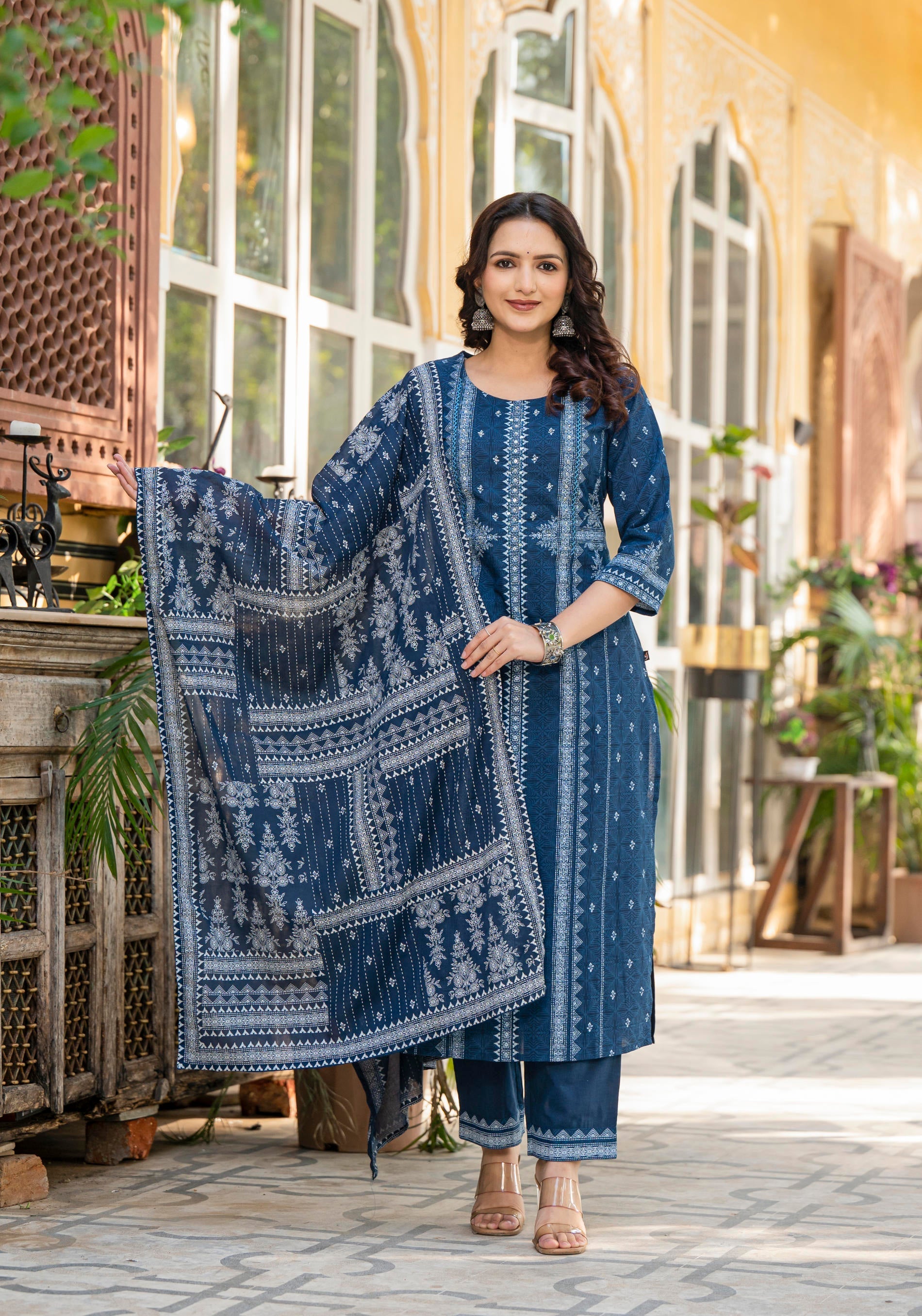 Juniper Indigo Blue Printed Kurta Set With Dupatta