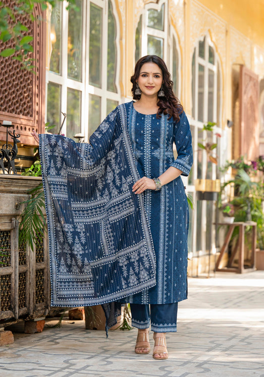 Juniper Indigo Blue Printed Kurta Set With Dupatta
