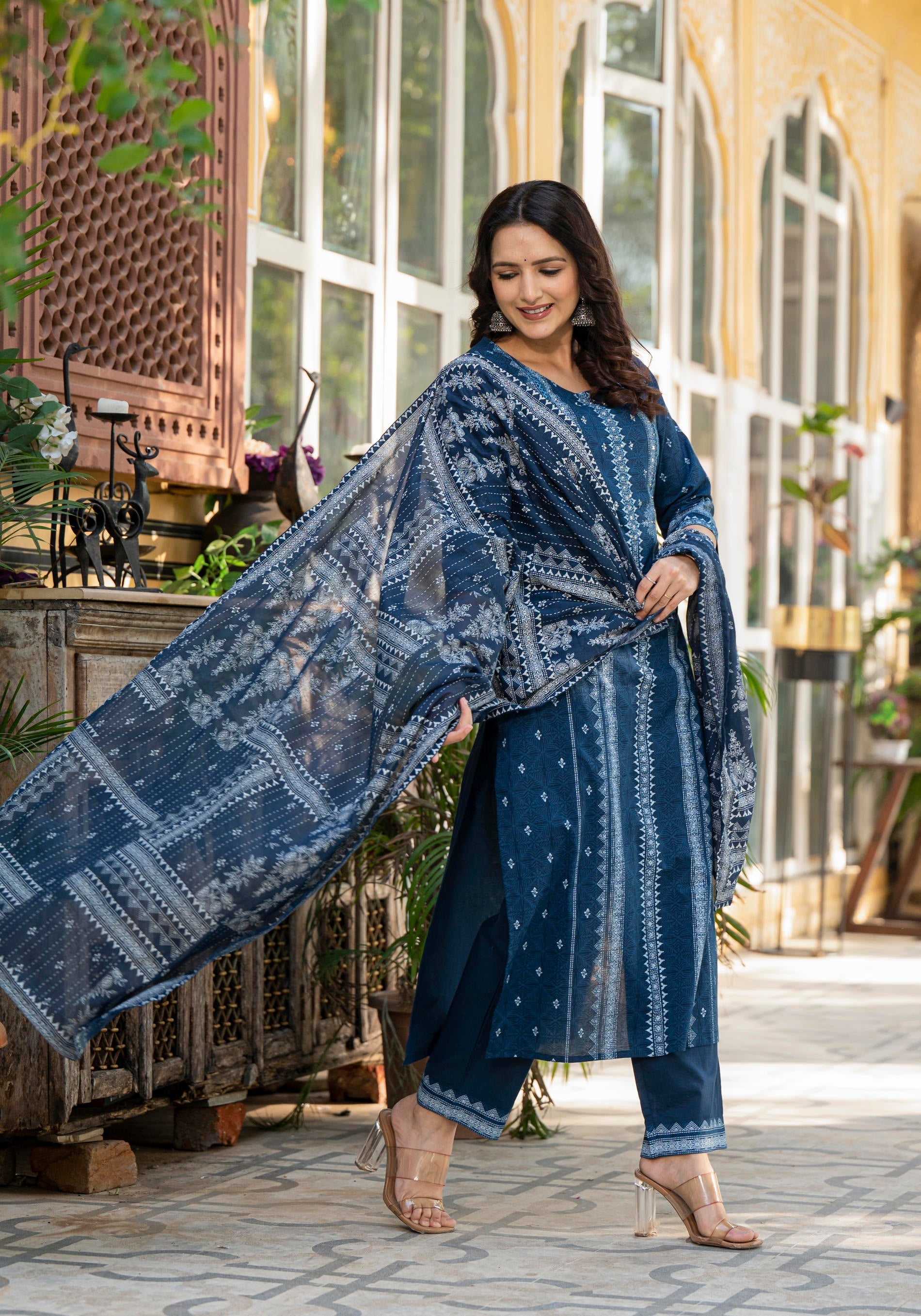Juniper Indigo Blue Printed Kurta Set With Dupatta