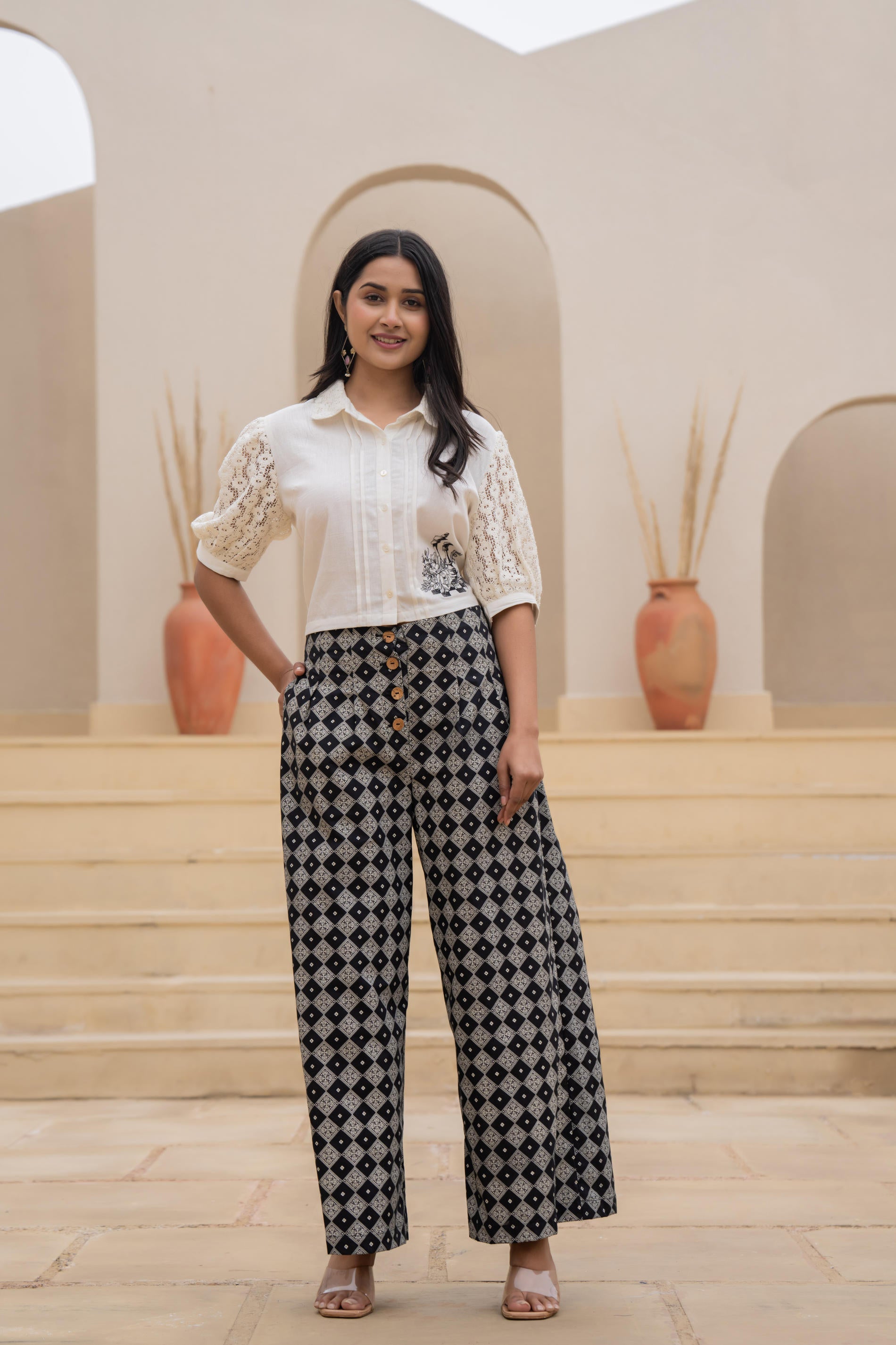 Juniper White Lace-Sleeve Shirt Top With Printed Wide-Leg Pants Co-Ord Set