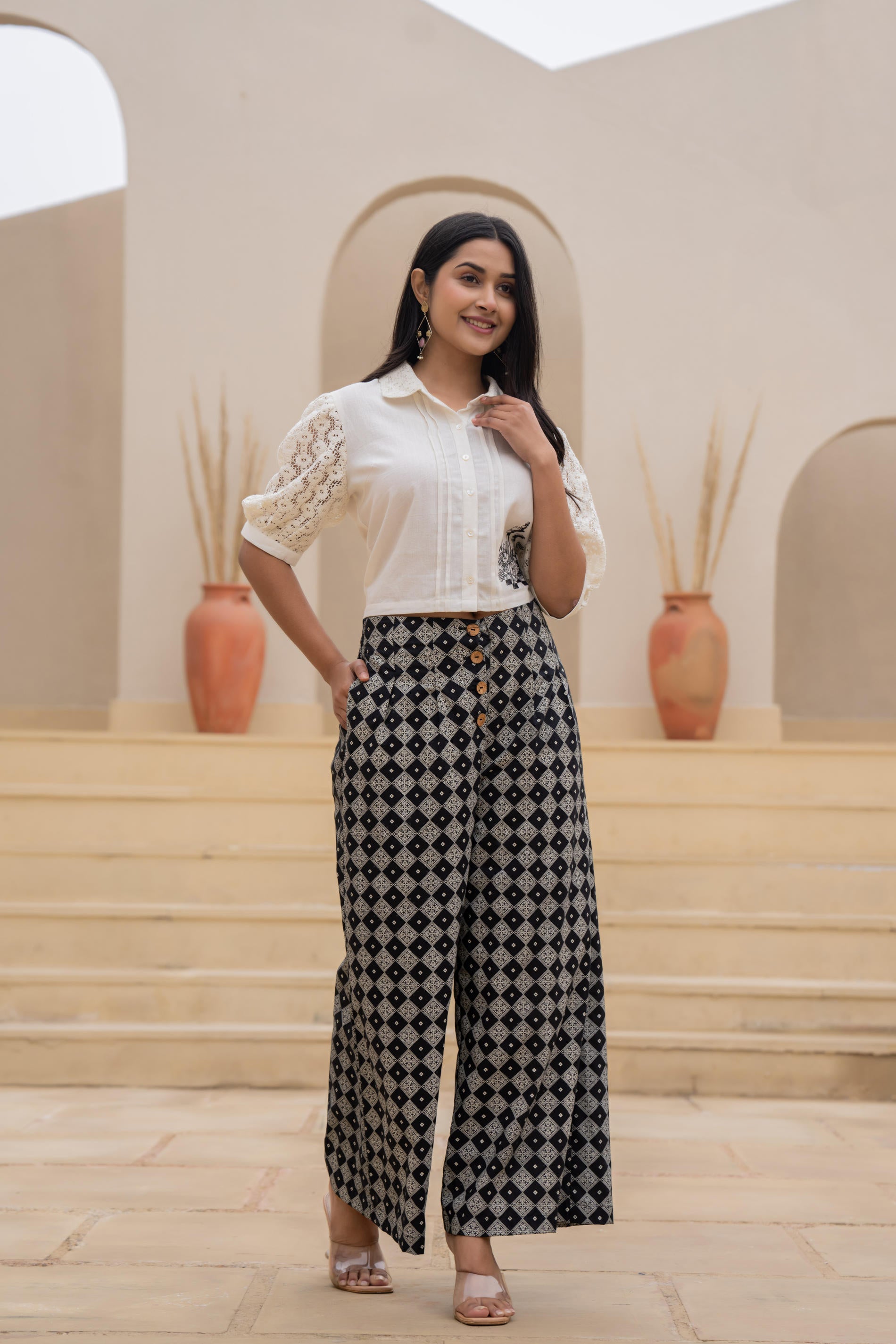 Juniper White Lace-Sleeve Shirt Top With Printed Wide-Leg Pants Co-Ord Set
