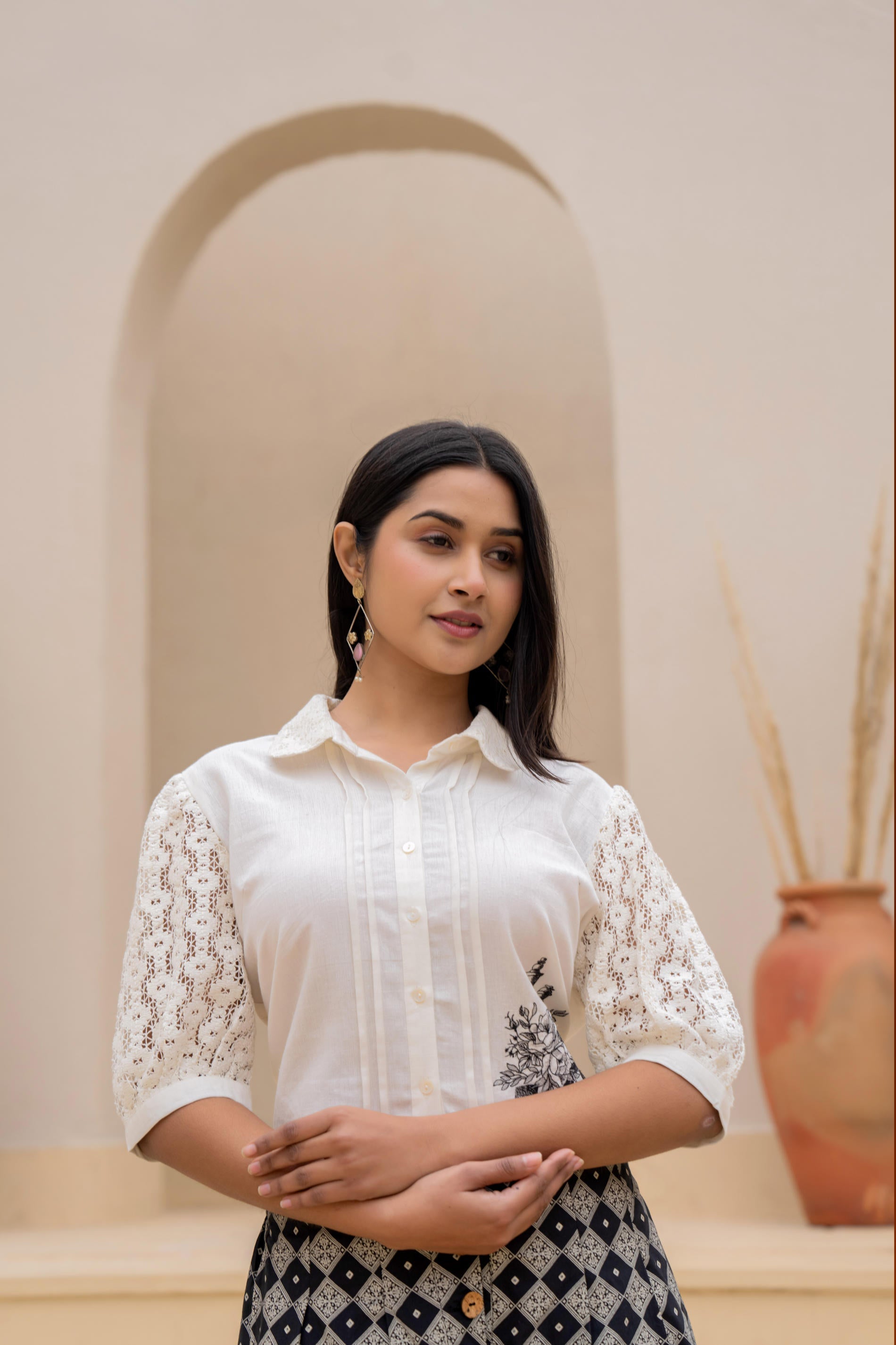 Juniper White Lace-Sleeve Shirt Top With Printed Wide-Leg Pants Co-Ord Set
