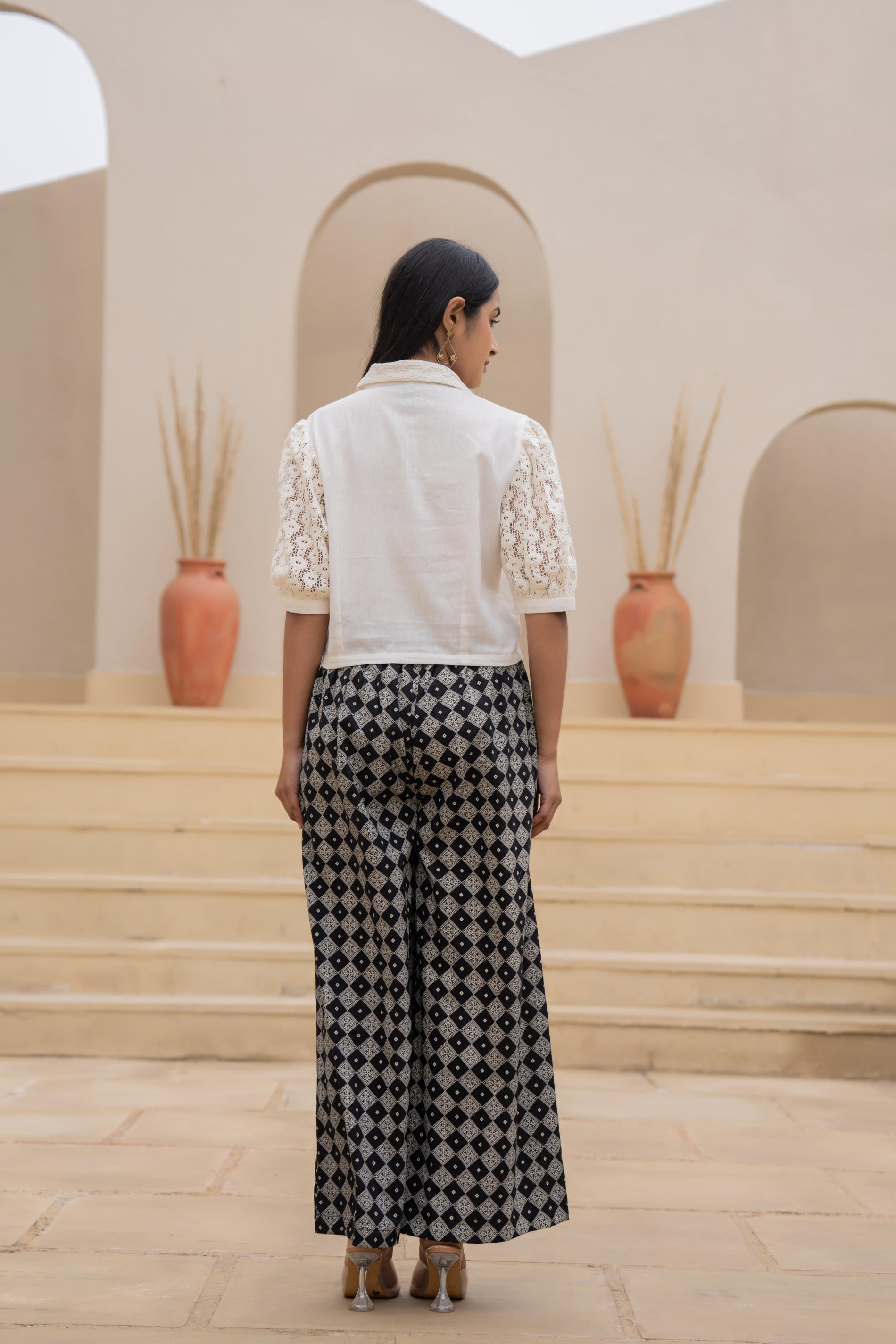 Juniper White Lace-Sleeve Shirt Top With Printed Wide-Leg Pants Co-Ord Set