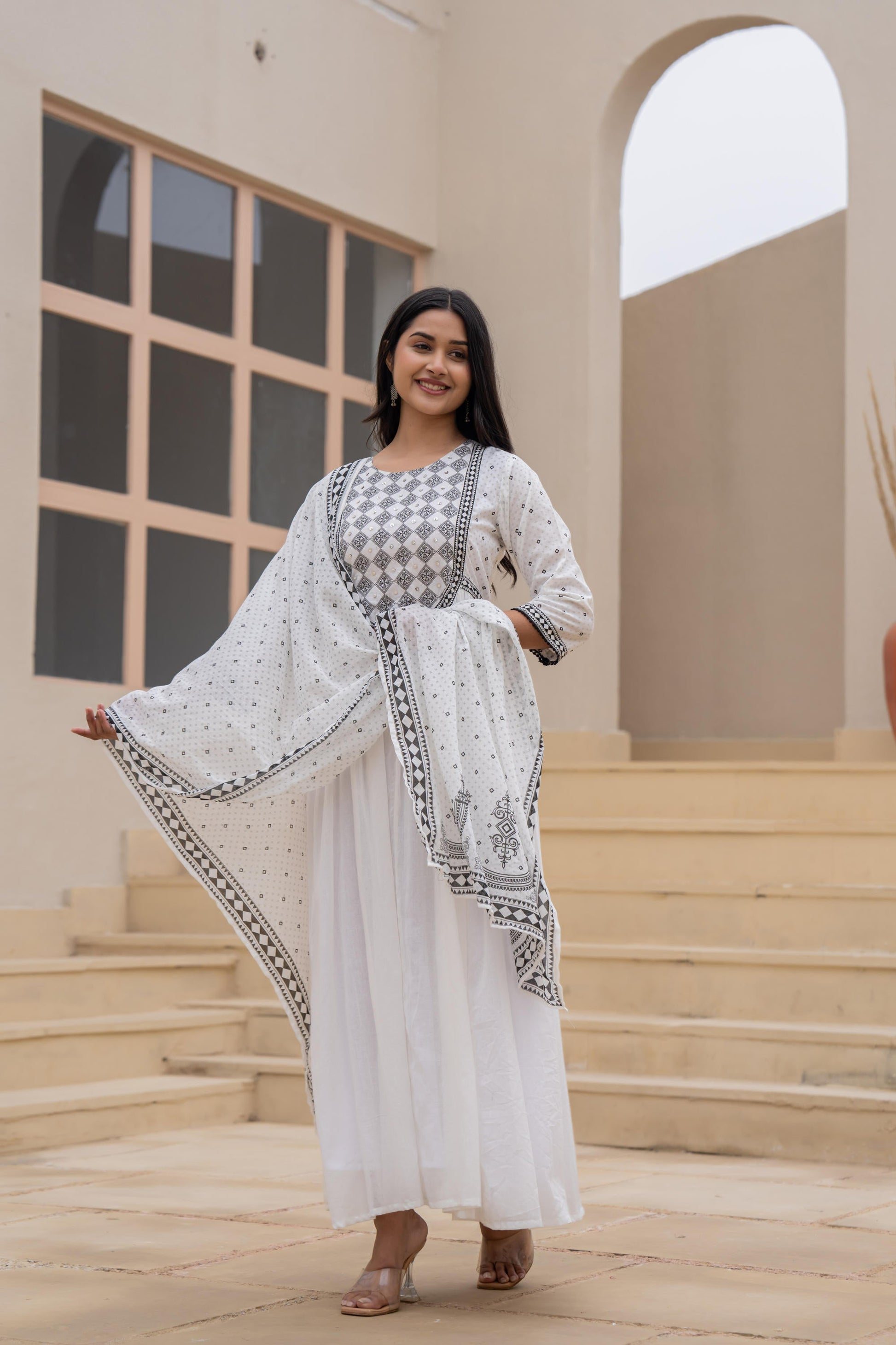 Juniper White Anarkali Dress with Embroidered Dupatta