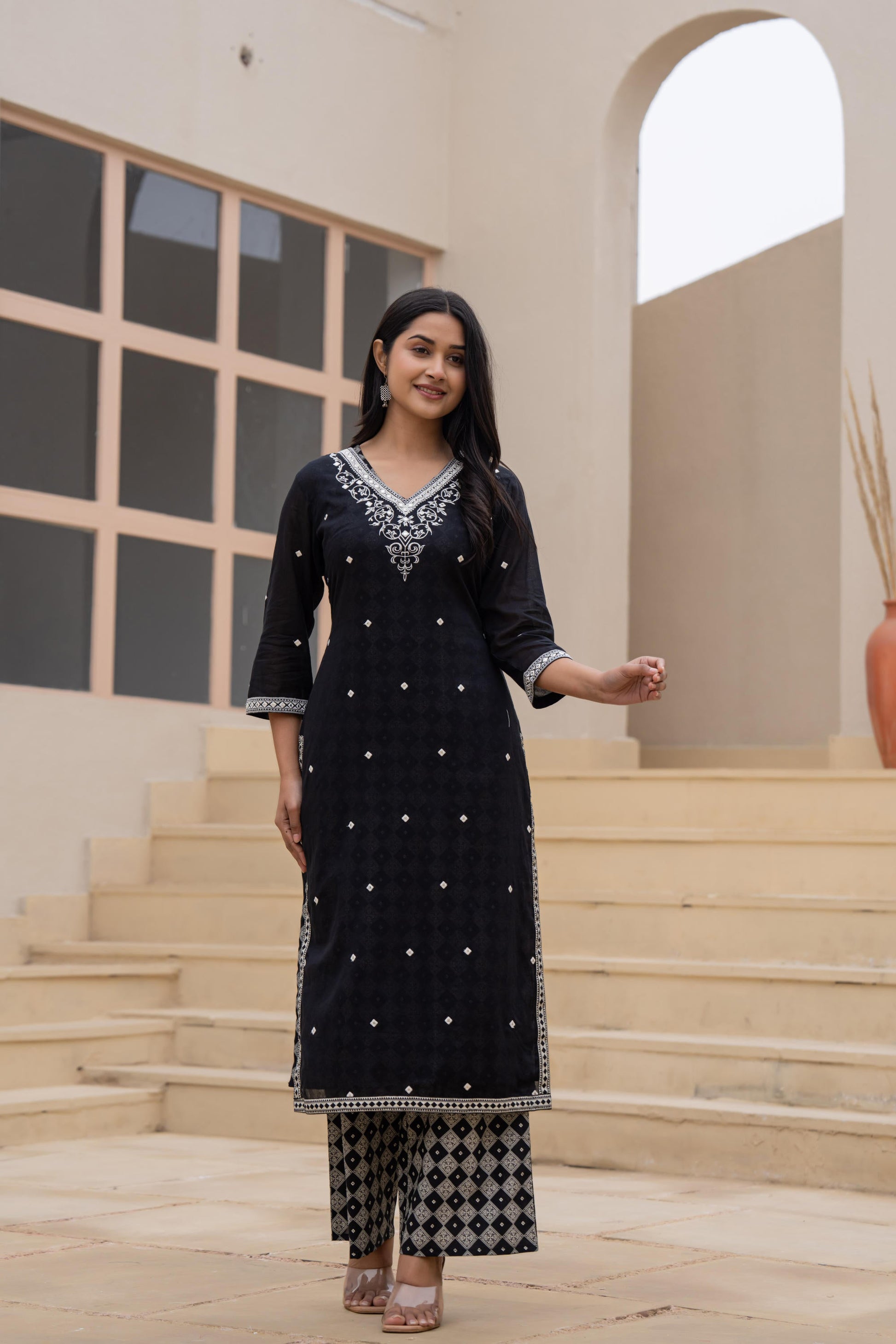 Juniper Black Printed Cotton Kurta Set with Embroidered Neckline & Dupatta