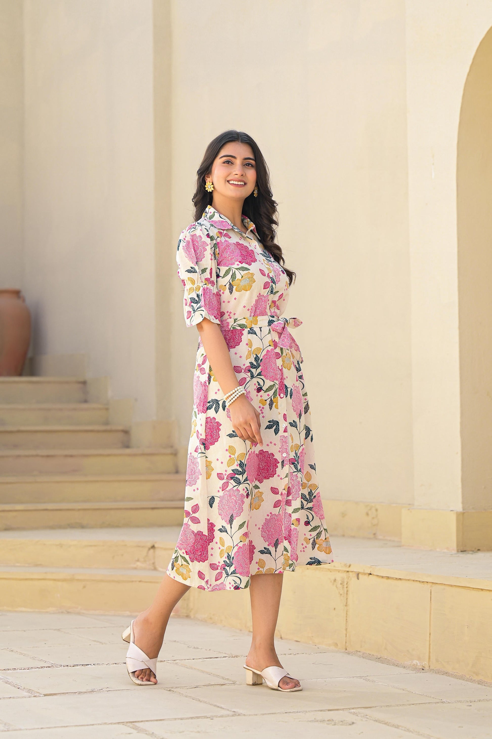 Juniper Women's Pink Floral Printed Cotton Long Dress With Belt