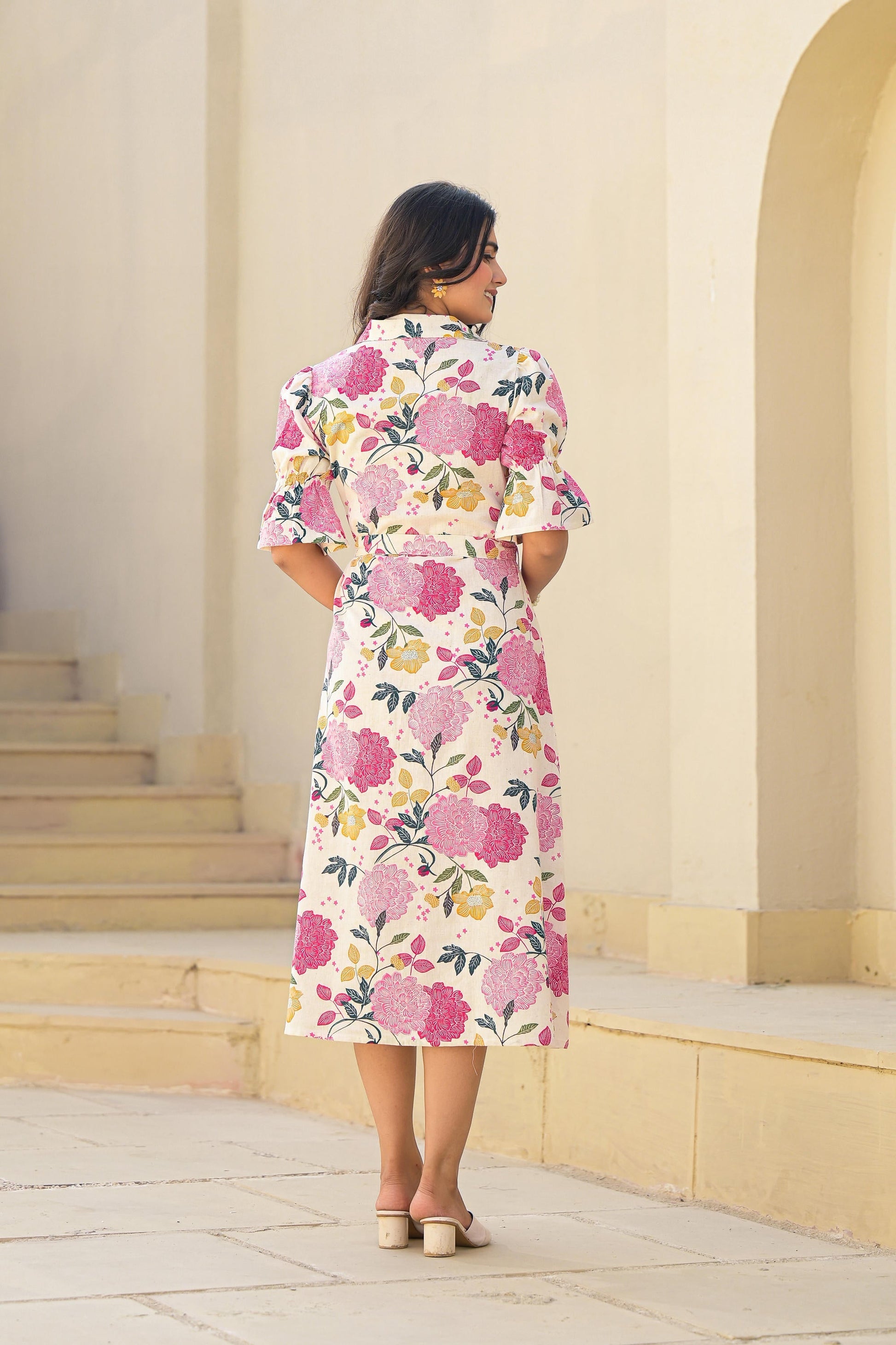 Juniper Women's Pink Floral Printed Cotton Long Dress With Belt
