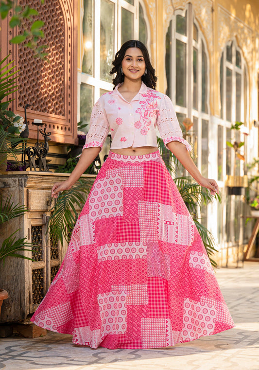 Juniper Pink Geometric Printed Cotton Top & Skirt With Thread Work