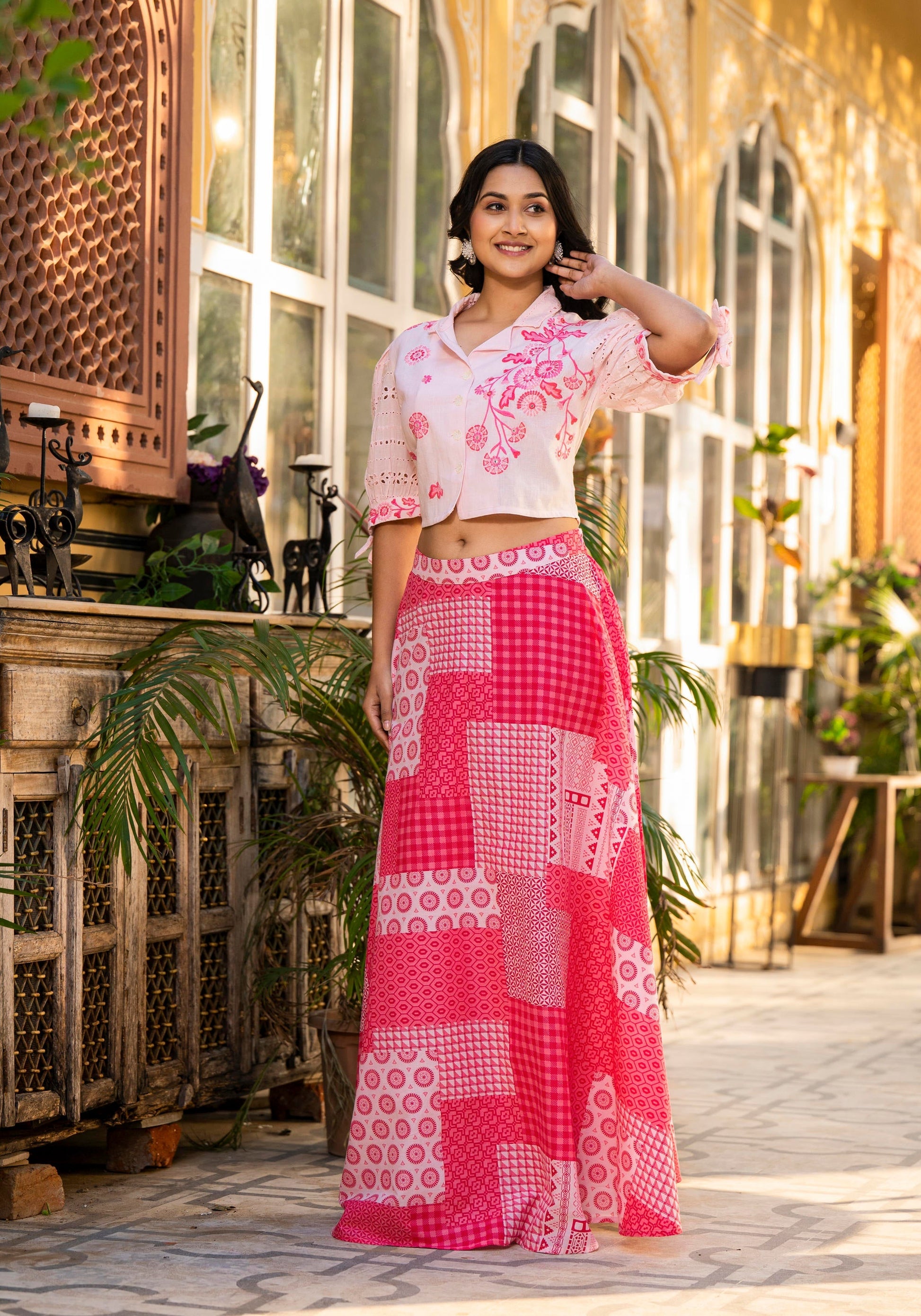 Juniper Pink Geometric Printed Cotton Top & Skirt With Thread Work