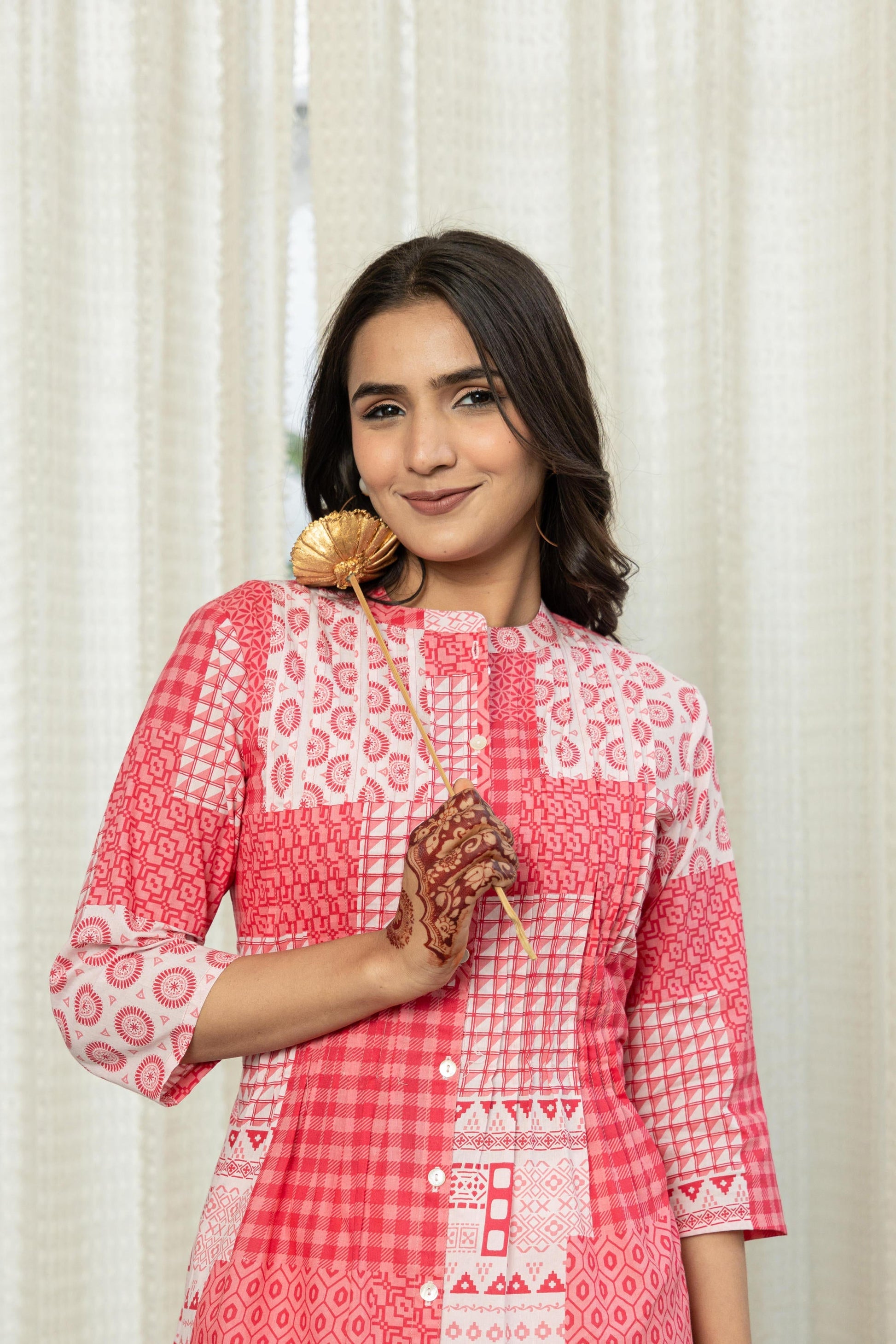 Juniper Pink Geometric Printed Cotton Tunic With Buttons