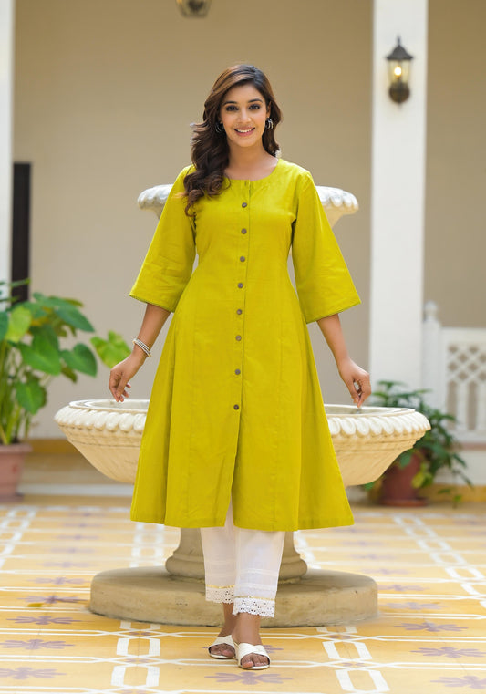 Juniper Lime Green Solid Cotton Linen Kurta With Button Closure