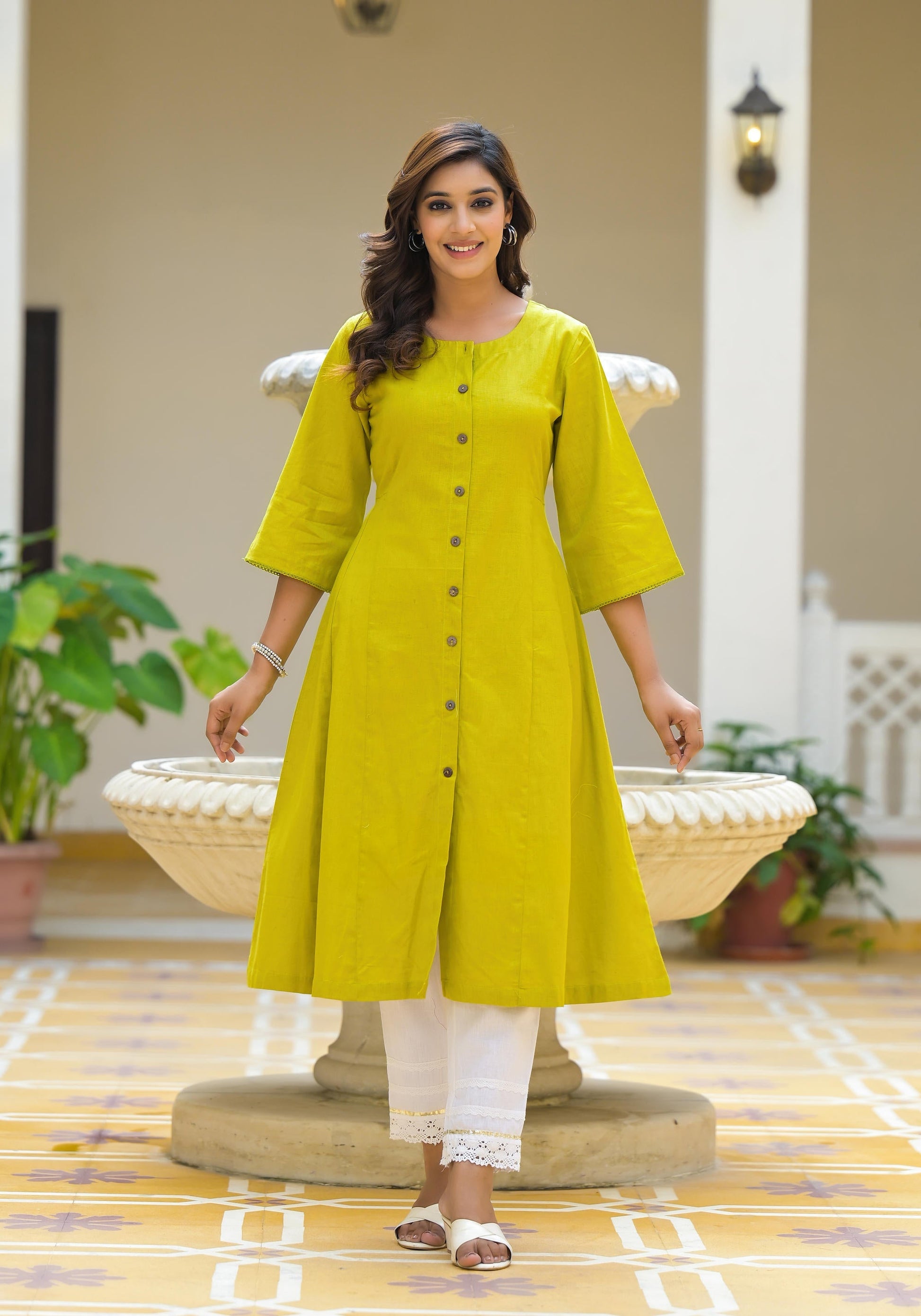 Juniper Lime Green Solid Cotton Linen Kurta With Button Closure