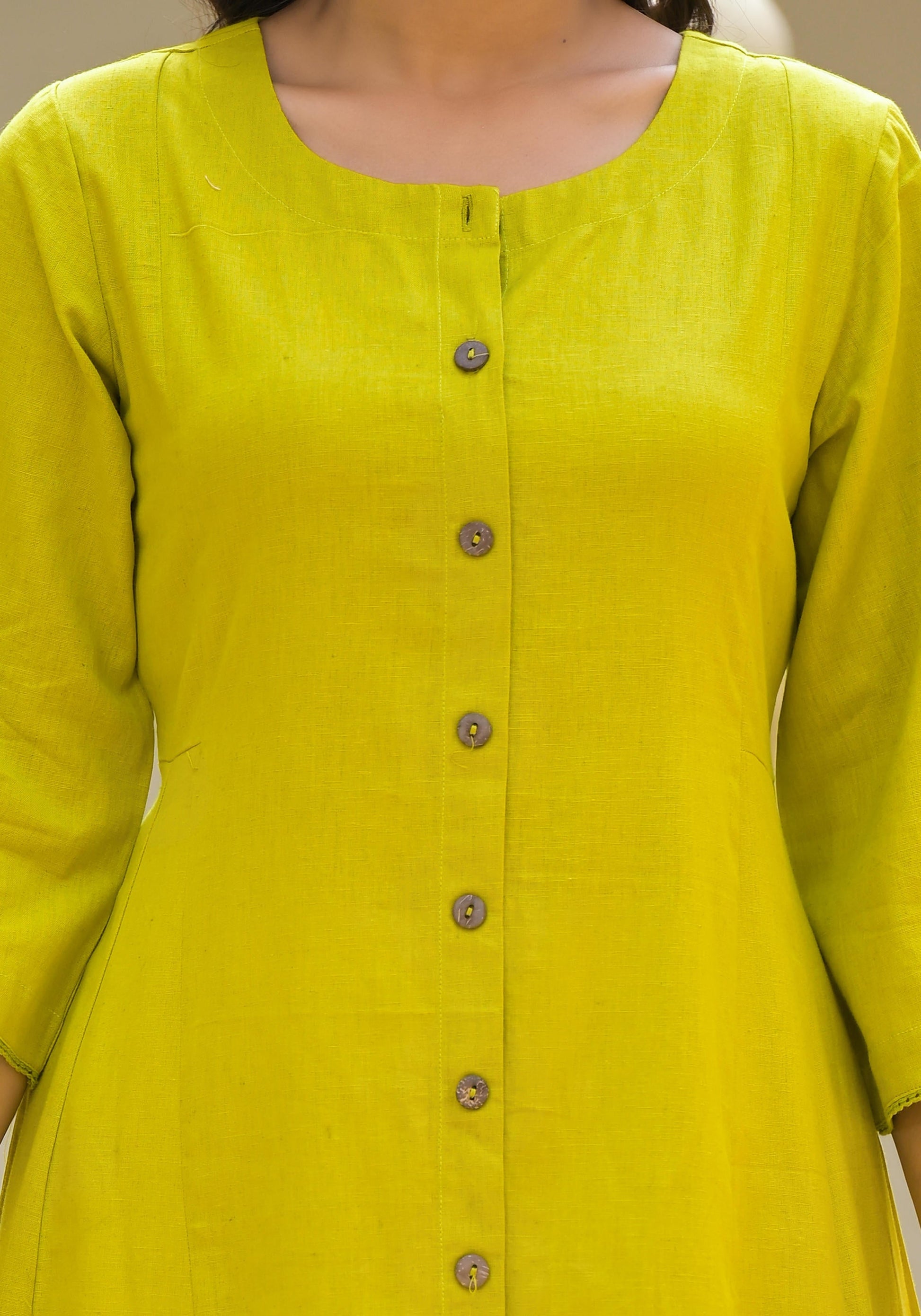 Juniper Lime Green Solid Cotton Linen Kurta With Button Closure